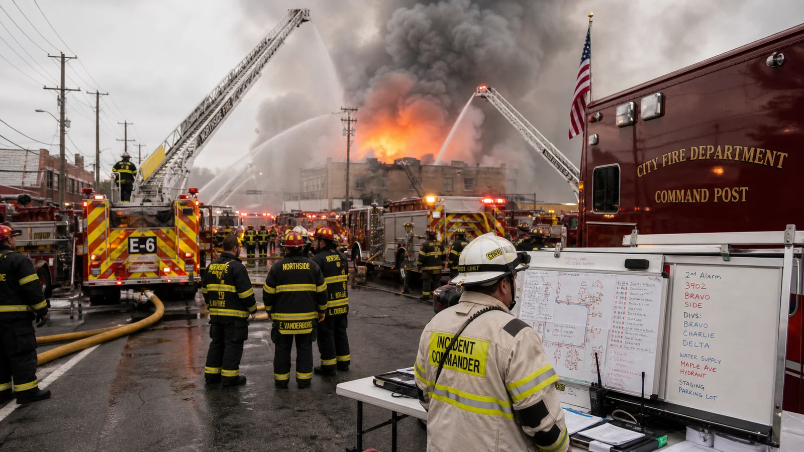 Photorealistic photo of a large multi-alarm fire scene with multiple fire apparatus from different companies visible &mdash; engines, aerial ladders, and a mobile command vehicle positioned in a coordinated staging area, the incident commander in a white helmet at a command post with a map board and radio, heavy smoke from a large structure fire visible in the background, multiple crews visible in various sectors, realistic documentary fire service photography capturing the organized complexity of a multi-alarm operation