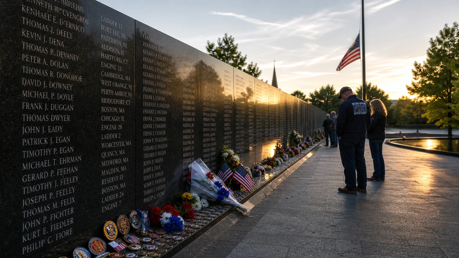 Photorealistic respectful photo of the National Fallen Firefighters Memorial in Emmitsburg Maryland &mdash; the memorial wall with names engraved in stone, flowers and challenge coins left at the base, an American flag flying at half staff behind the memorial, early morning golden light, a few visitors standing quietly in reflection &mdash; respectful documentary memorial photography style