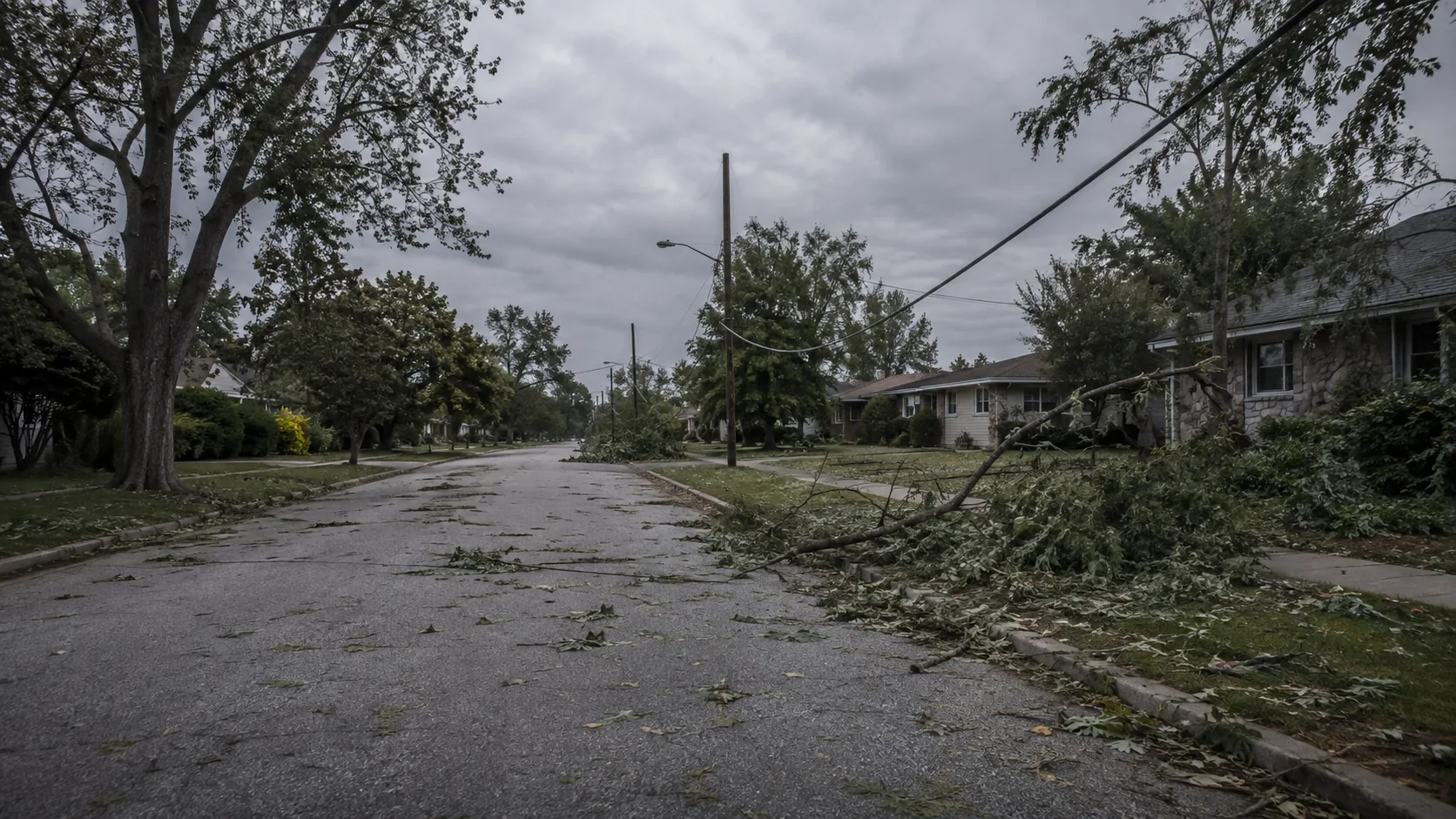 Aftermath of a wind storm on a residential street with fallen tree branches and scattered debris under an overcast sky