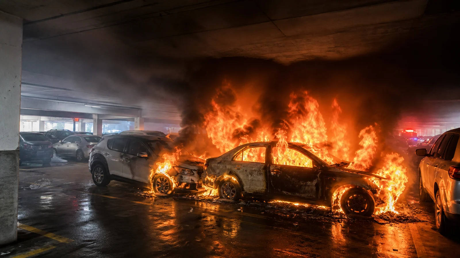 Photorealistic photo of the interior of a multi-level parking garage with a fully involved vehicle fire &mdash; orange flames consuming a sedan with a second adjacent vehicle beginning to ignite from radiant heat, thick black smoke filling the ceiling of the concrete structure, cars parked in rows visible through the smoke, emergency lighting active, no firefighters visible yet &mdash; capturing the rapid fire spread and smoke accumulation conditions that make parking garage fires hazardous, realistic documentary photography