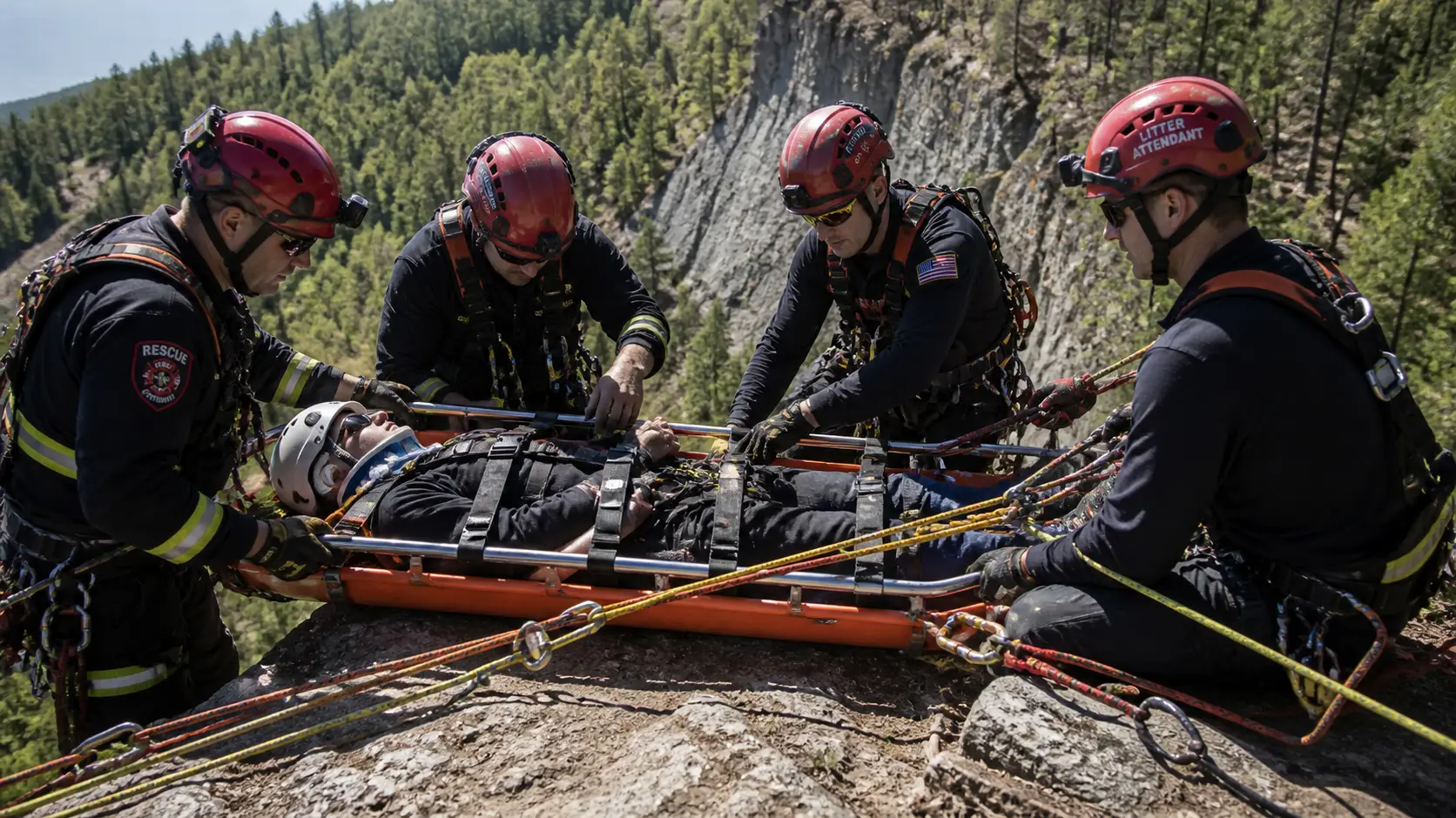 Firefighter rescue team packaging a patient in a Stokes basket litter for high-angle rope lowering with full spine precautions and harness attachment