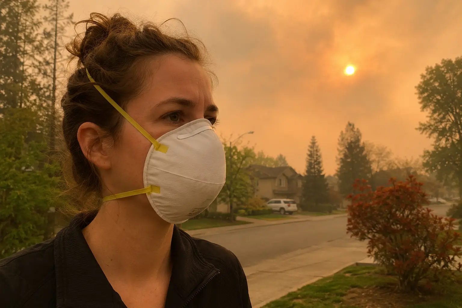 Person wearing a properly fitted N95 respirator outdoors during wildfire smoke event, orange-tinted hazy sky visible in background, midday light diffused through thick smoke