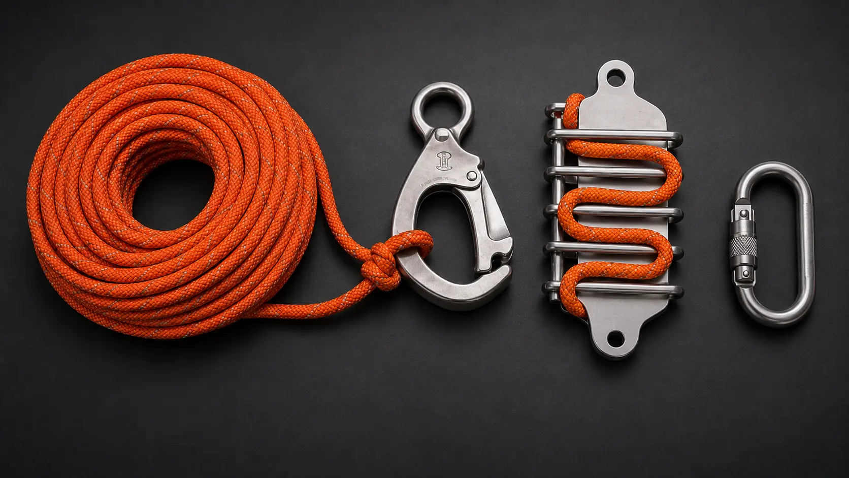 Photorealistic close-up photo of a personal escape system laid out showing all components: a coiled 50-foot orange escape rope, a stainless steel hook anchor device, a friction rack descent control device with the rope pre-threaded through its friction bars showing the correct threading sequence, and a locking carabiner for the harness connection &mdash; all components on a dark surface clearly showing the PES system assembly