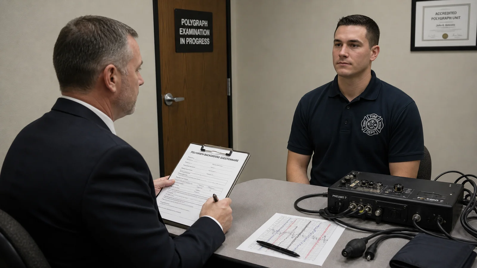 Photorealistic photo of a professional polygraph examiner in business attire seated across a table from a firefighter job candidate during the pre-test interview phase &mdash; the examiner holding a clipboard reviewing a detailed background questionnaire while the candidate listens attentively with calm body language &mdash; neutral examination room with fluorescent lighting, polygraph instrument visible on the table to the side, realistic documentary style, both individuals clearly professional