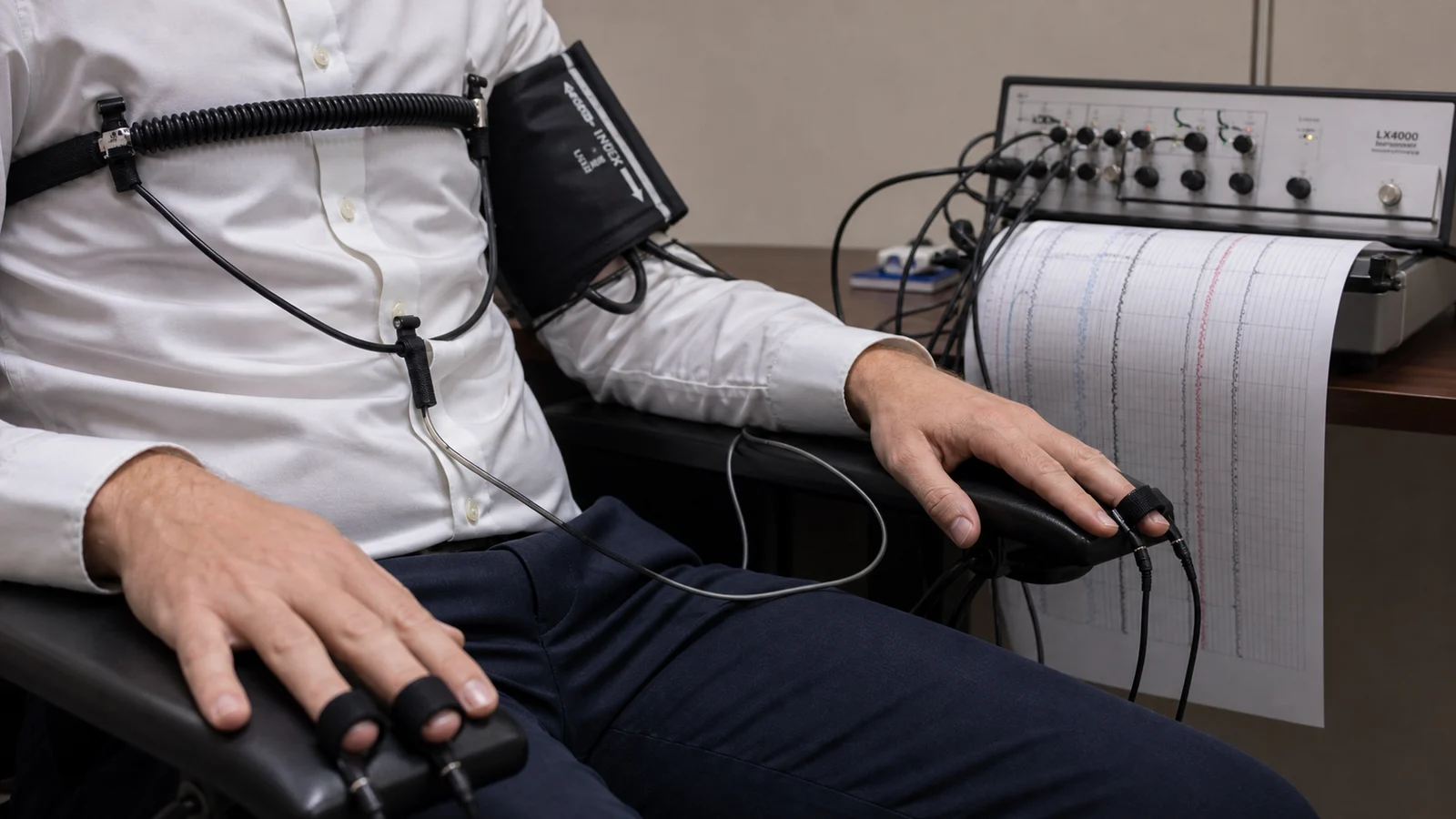 Photorealistic close-up photo of a polygraph examination in progress &mdash; a candidate's hands resting on a chair armrest with electrodermal galvanometer sensor clips attached to the index and ring fingers, the pneumograph breathing tube visible around the torso, the blood pressure cardiovascular cuff on the upper arm, connected by wires to the polygraph instrument on a nearby table showing paper chart readout, clinical examination room with neutral walls, realistic documentary photography style, no faces visible