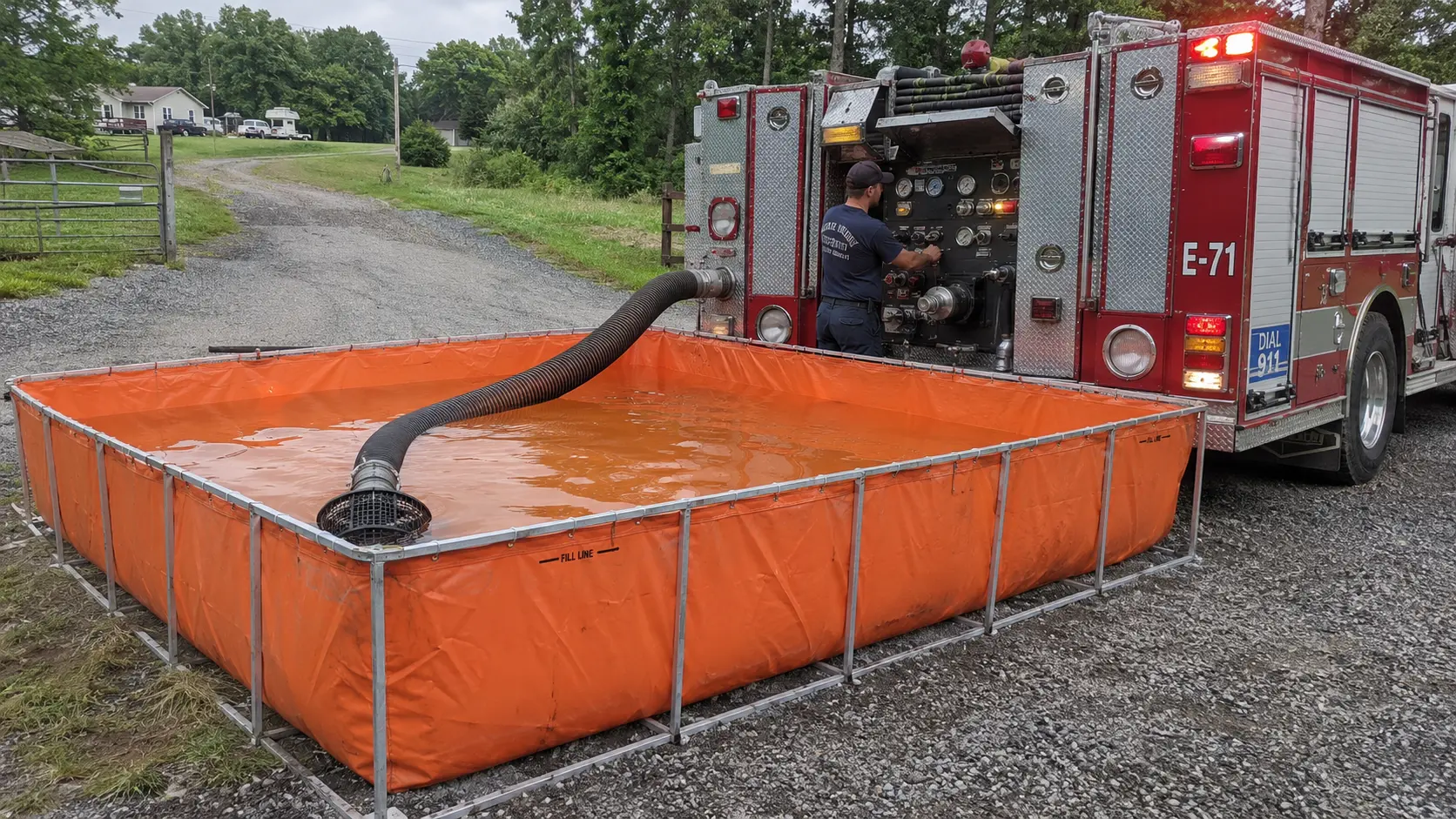 Photorealistic photo of a fire department portable folding tank &mdash; a large orange fabric tank supported by a collapsible aluminum frame, approximately 1,500-gallon capacity, fully deployed and partially filled with water &mdash; with a fire engine's hard suction hose submerged in it and the pump operator visible at the pump panel maintaining suction pressure, rural driveway setting with gravel, 16:9 ratio