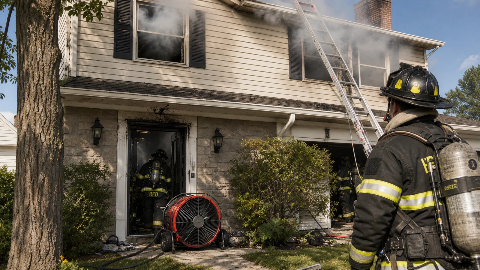 Photorealistic photo of a large positive pressure ventilation fan positioned in the doorway of a residential home after a fire &mdash; the fan blowing fresh air into the structure to purge smoke from the interior, smoke visibly exiting from upper-story windows opened by firefighters, turnout gear visible on firefighters working inside, realistic documentary fire service photography style, daytime scene with clear sky
