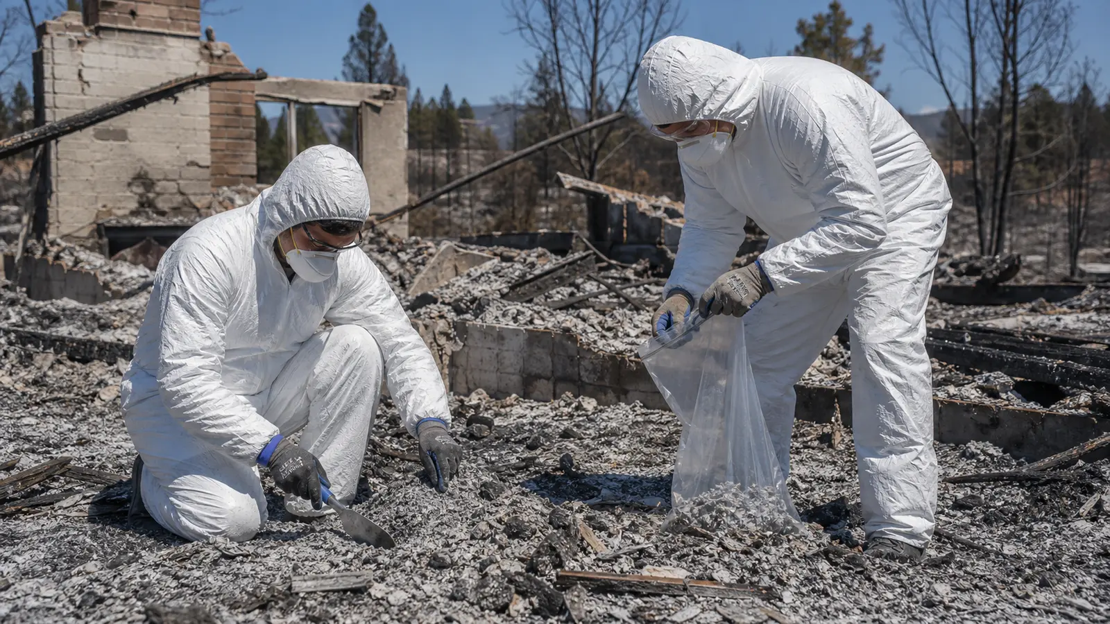 Post-wildfire structure burn site with grey ash and debris covering the foundation area of a destroyed home, orange hazardous material warning tape visible, professional cleanup crew in Tyvek suits and respirators working in background, suburban neighborhood context