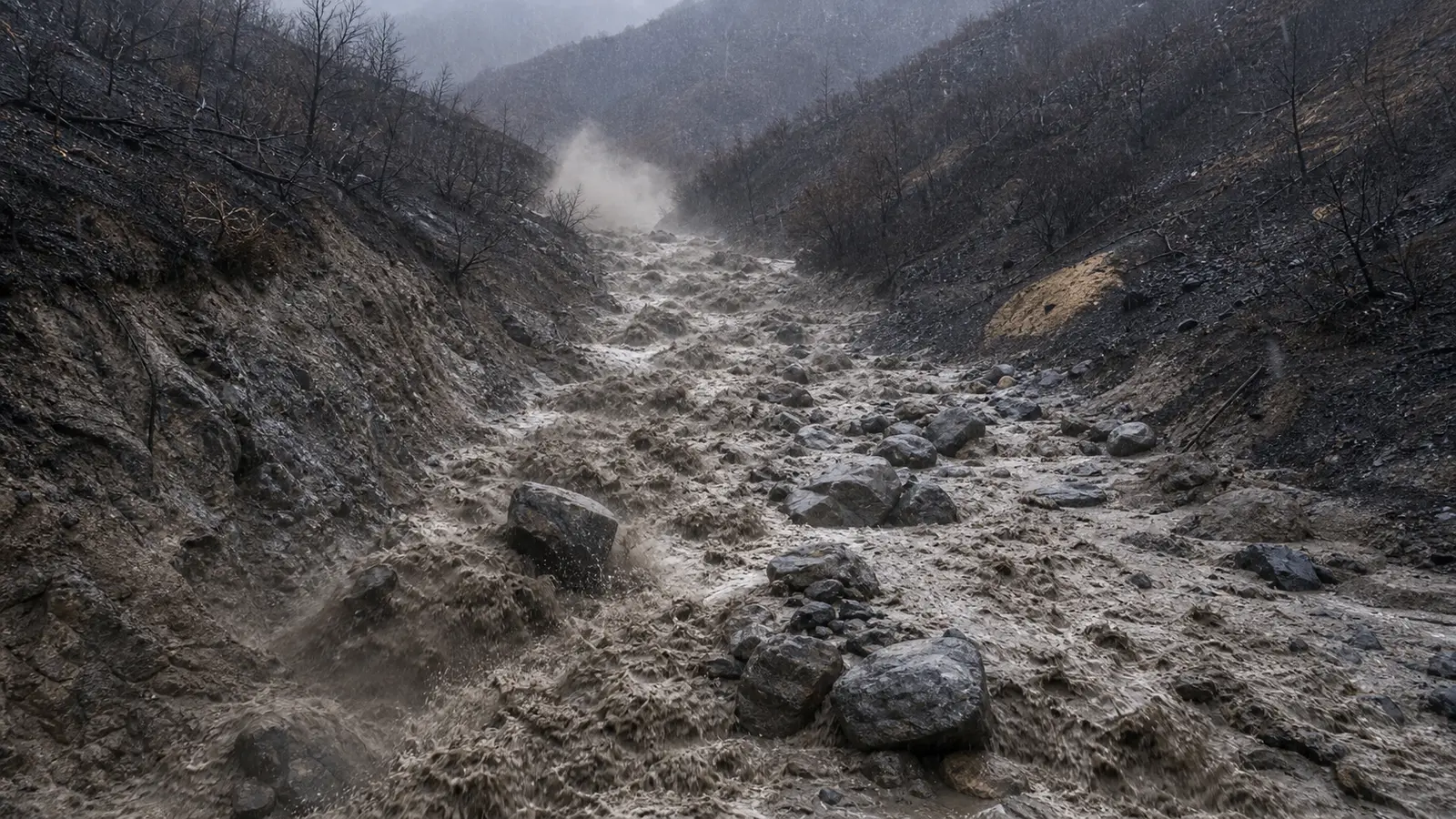 Fast-moving debris flow of mud and boulders sweeping down a burned hillside channel during heavy rain, grey-brown slurry visible against barren charred slope, dramatic scale, photorealistic, no text