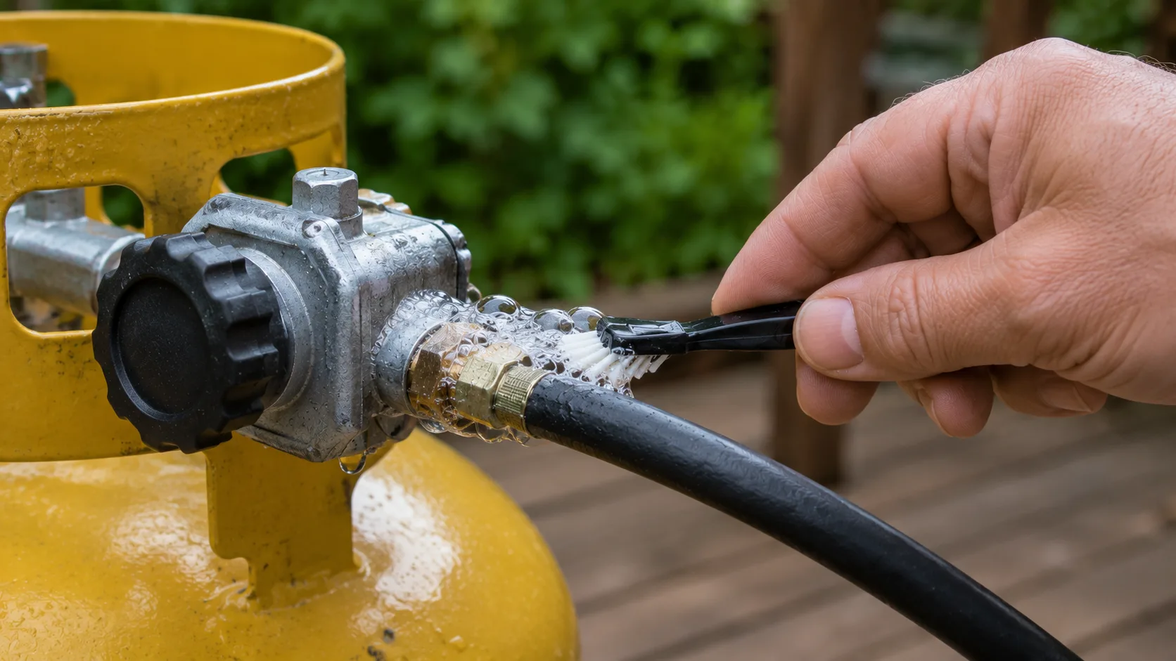 Person applying soapy water with a brush to a propane grill hose connection and regulator fitting, checking for gas leaks &mdash; bubbling at the connection point indicates a leak that must be fixed before lighting the grill