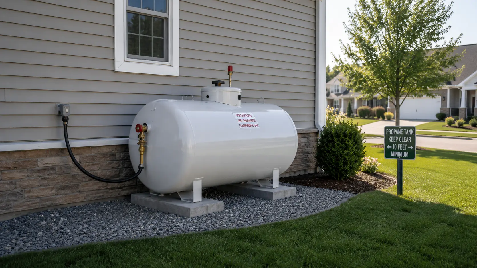 Residential propane tank connected to home with correct outdoor placement, shut-off valve visible, proper distance from structure and ignition sources