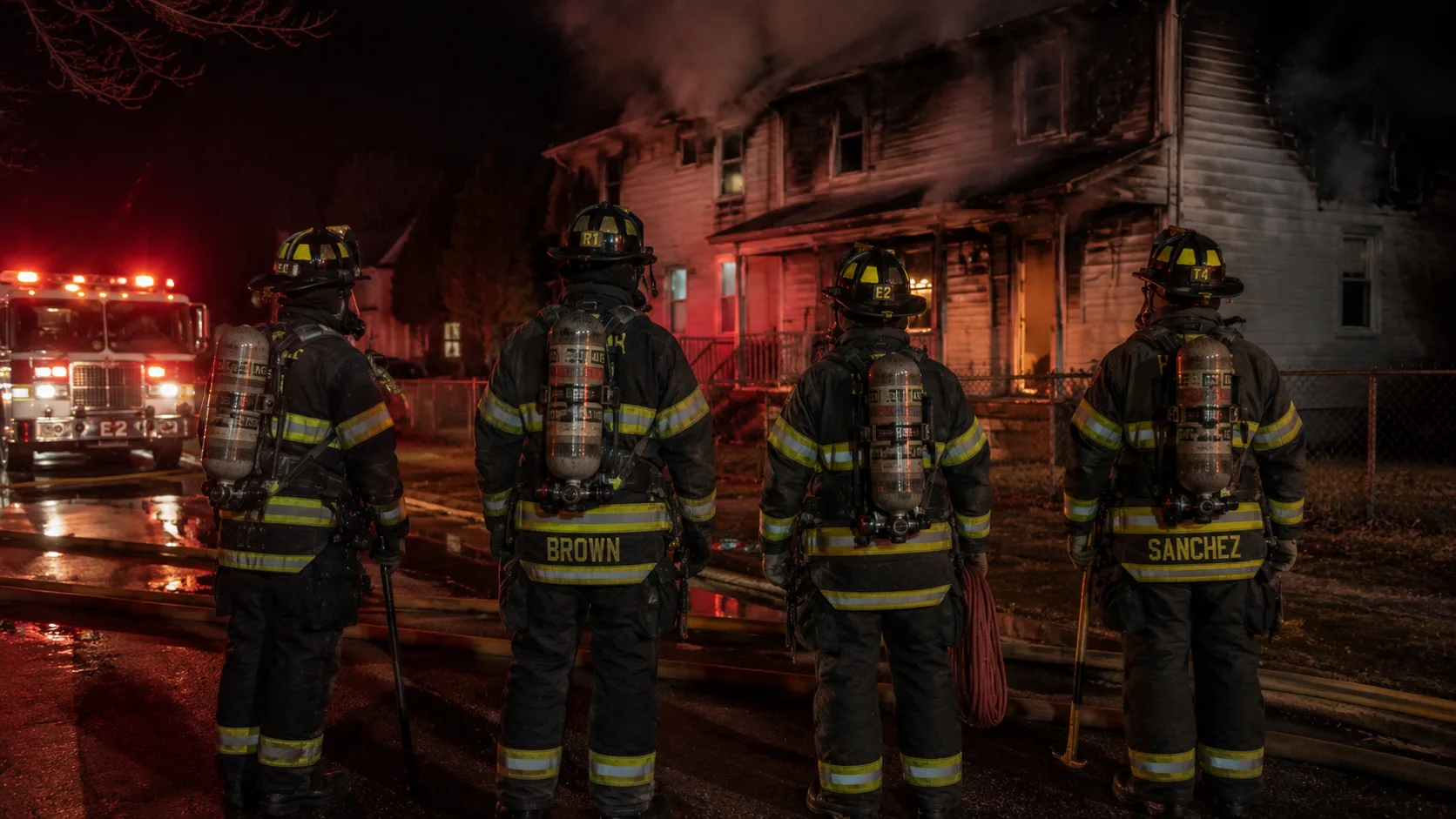 Four firefighters in full turnout gear and SCBA staged at the exterior of a burning residential structure, one holding a search rope bag, another with forcible entry tools, positioned near the entry point and monitoring radio traffic &mdash; a Rapid Intervention Team in standby position ready to deploy if a MAYDAY is declared