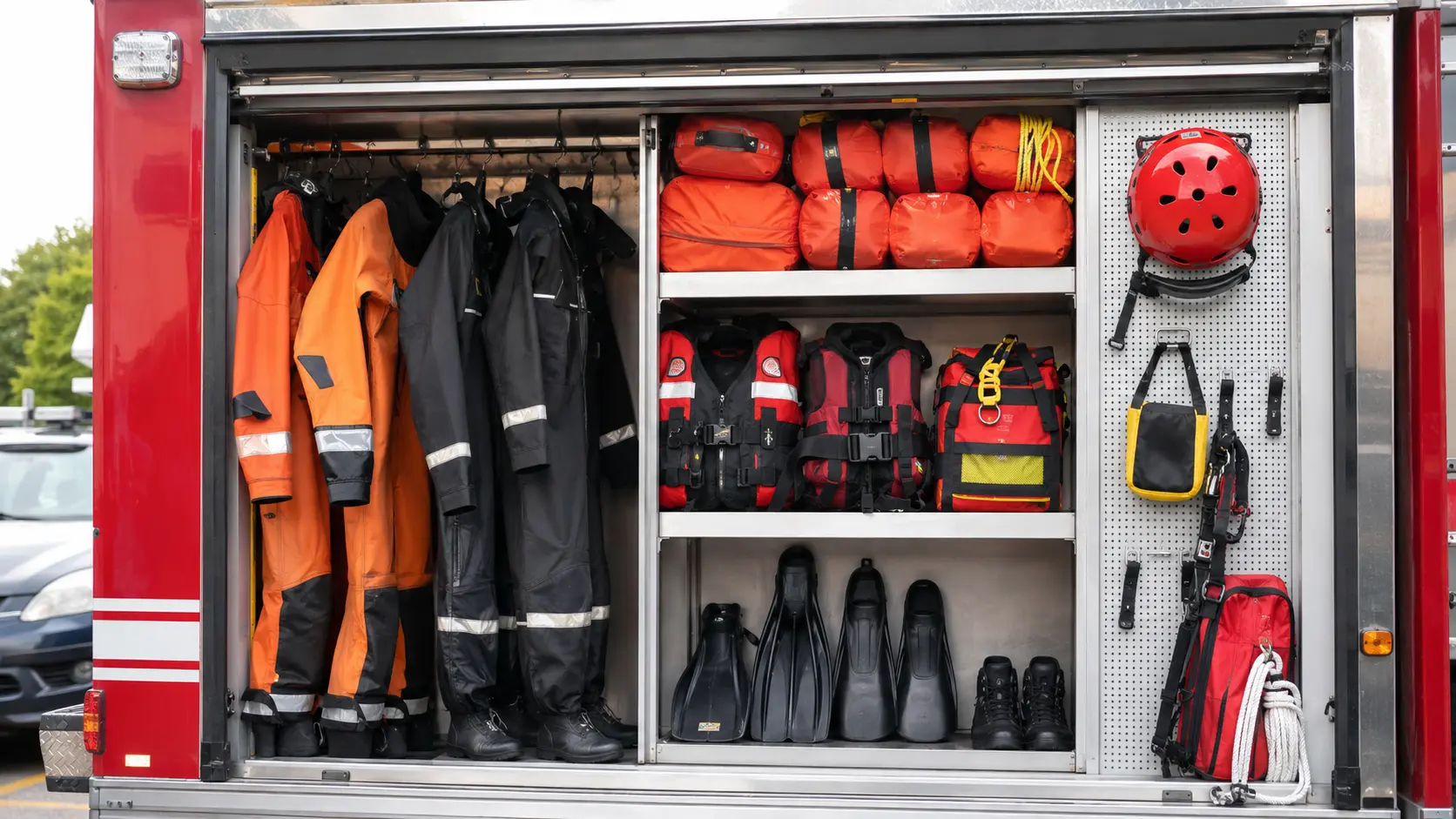 Photorealistic photo of a fire department rescue company's water rescue equipment compartment &mdash; dry suits in orange and black hanging on hooks, dive fins, rescue throw bags in bright orange on a shelf, personal flotation devices (PFDs), rescue boards, and a swift water rescue helmet on an equipment board &mdash; organized rescue unit water rescue storage compartment with compartment doors open showing the complete water rescue inventory