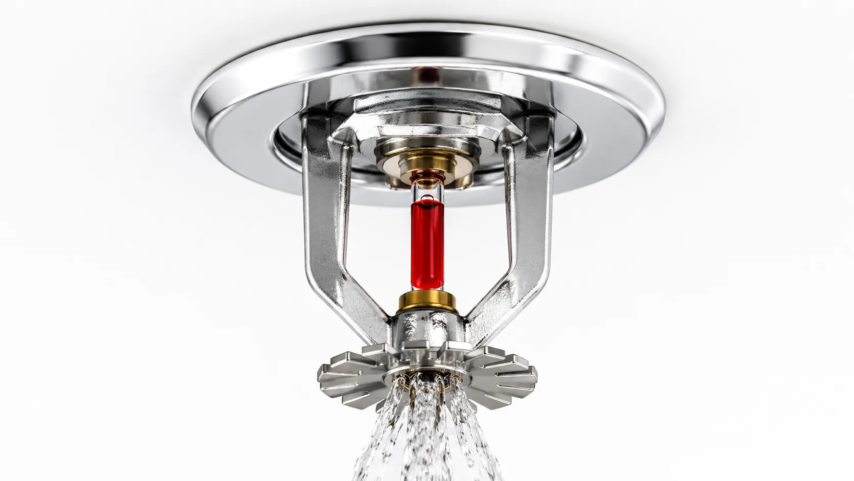 Close-up of residential fire sprinkler head showing glass bulb heat-sensitive element and water deflector &mdash; single head activates independently when room temperature reaches threshold