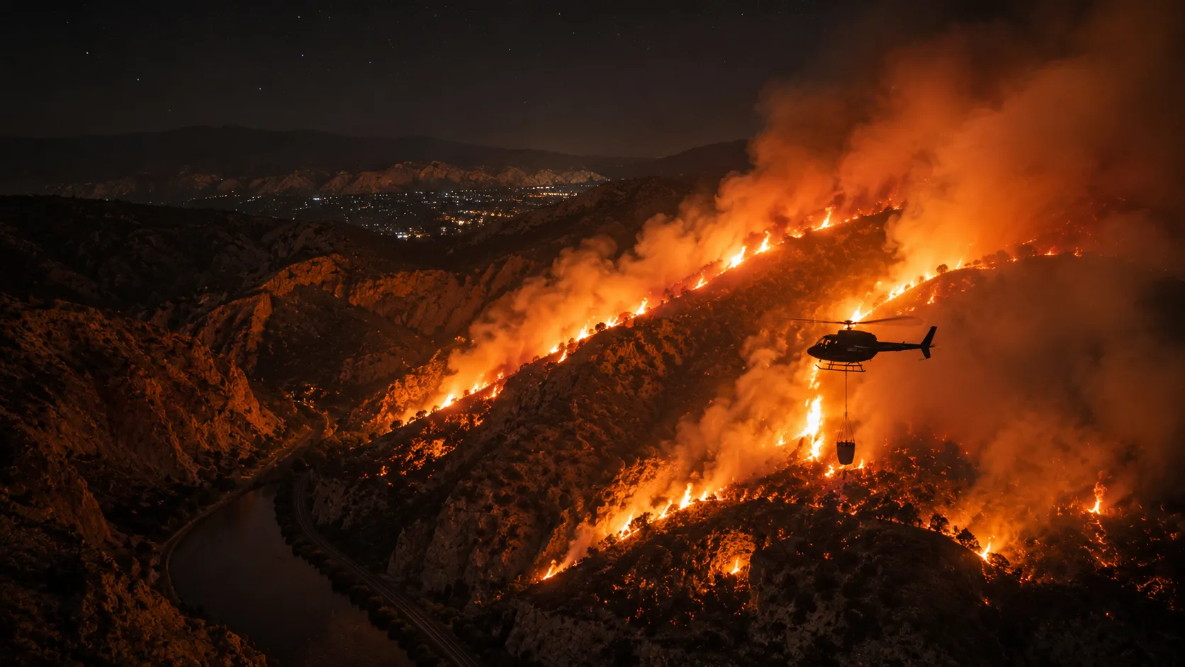 Aerial nighttime view of the Rocky Canyon Fire burning through canyon terrain with a firefighting helicopter approaching