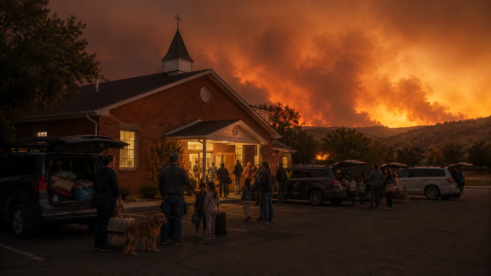 Utah highway closed with traffic barriers and a sheriff patrol vehicle as wildfire smoke rises in the distance
