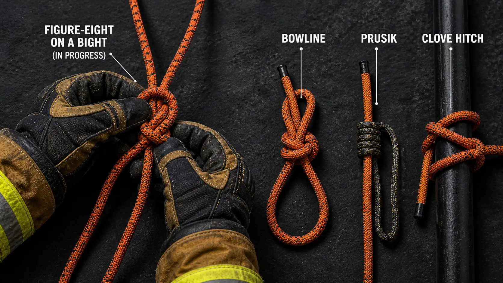 Firefighter demonstrating figure-eight on a bight, bowline, and prussik hitch knots for rope rescue operations with labeled steps