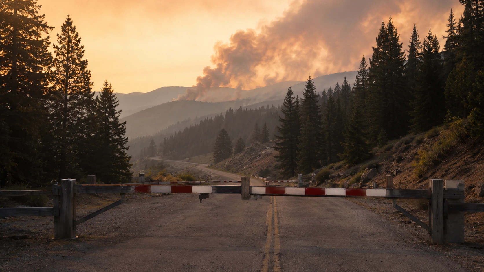 Rural mountain road with a fire closure barrier sign and smoke haze in the background near a forested area