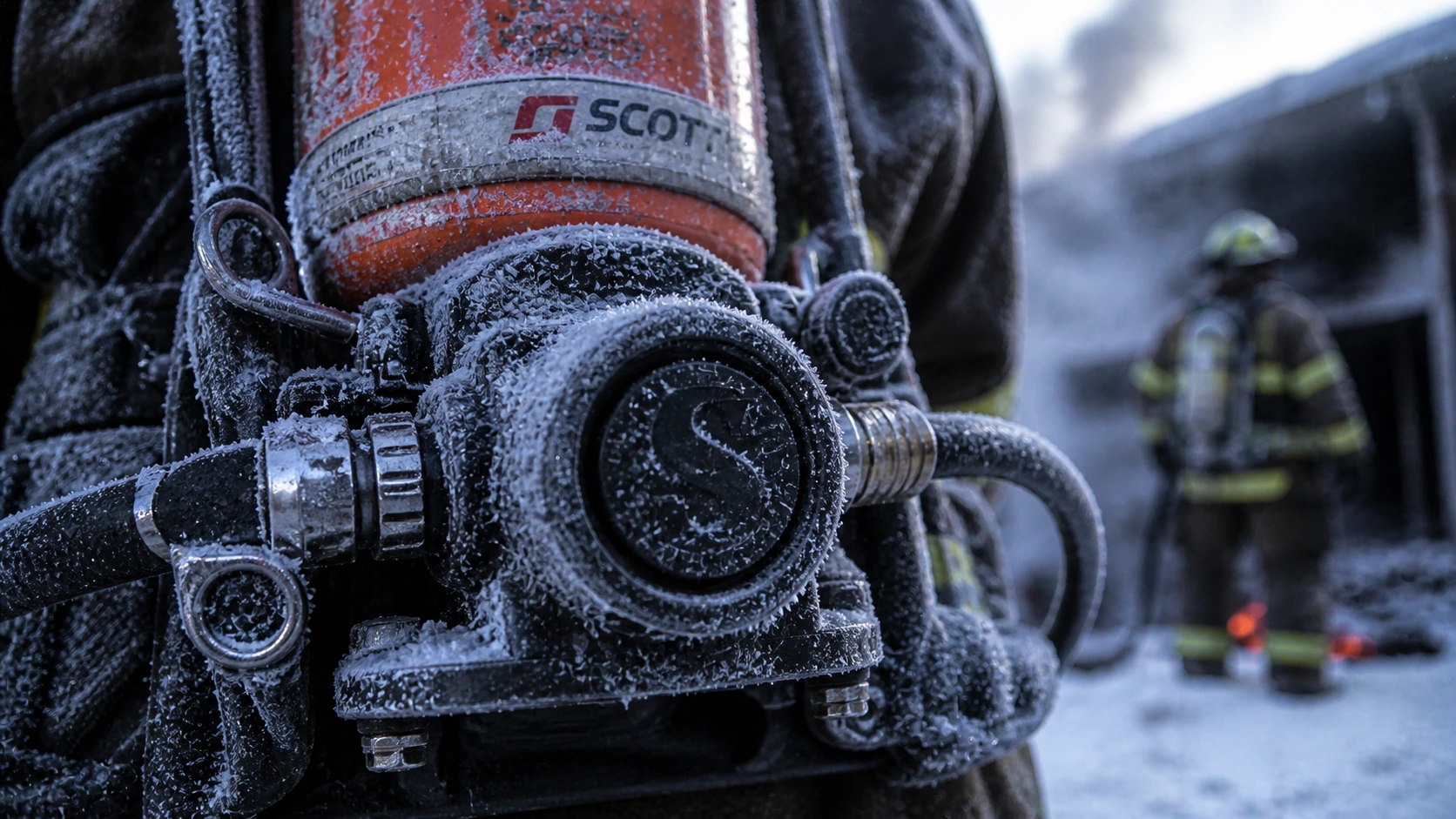 Close-up of SCBA first stage regulator with ice formation on pressure relief and demand valve in sub-zero winter fire conditions