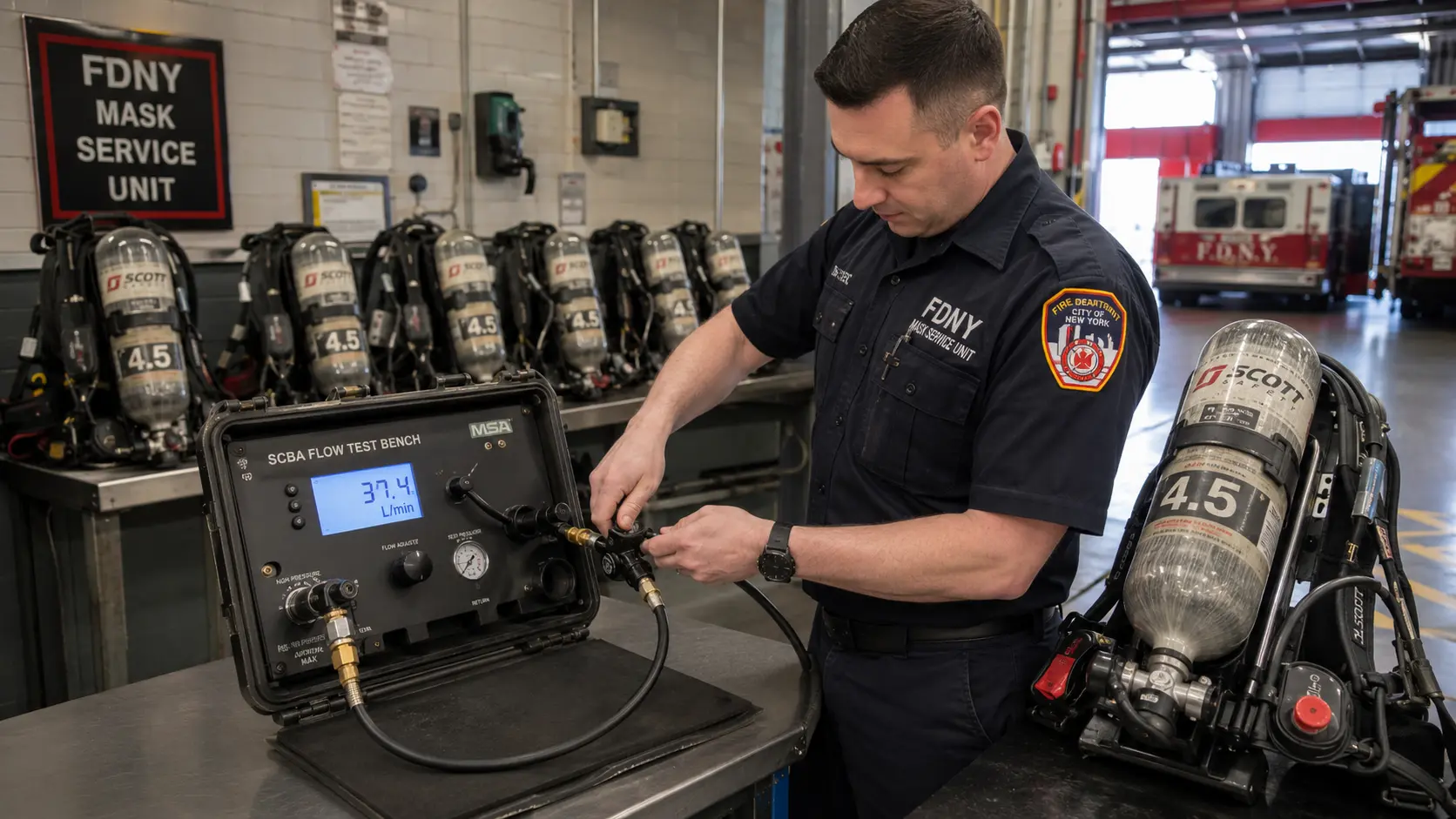 Technician testing an SCBA regulator at a fire station equipment bench.