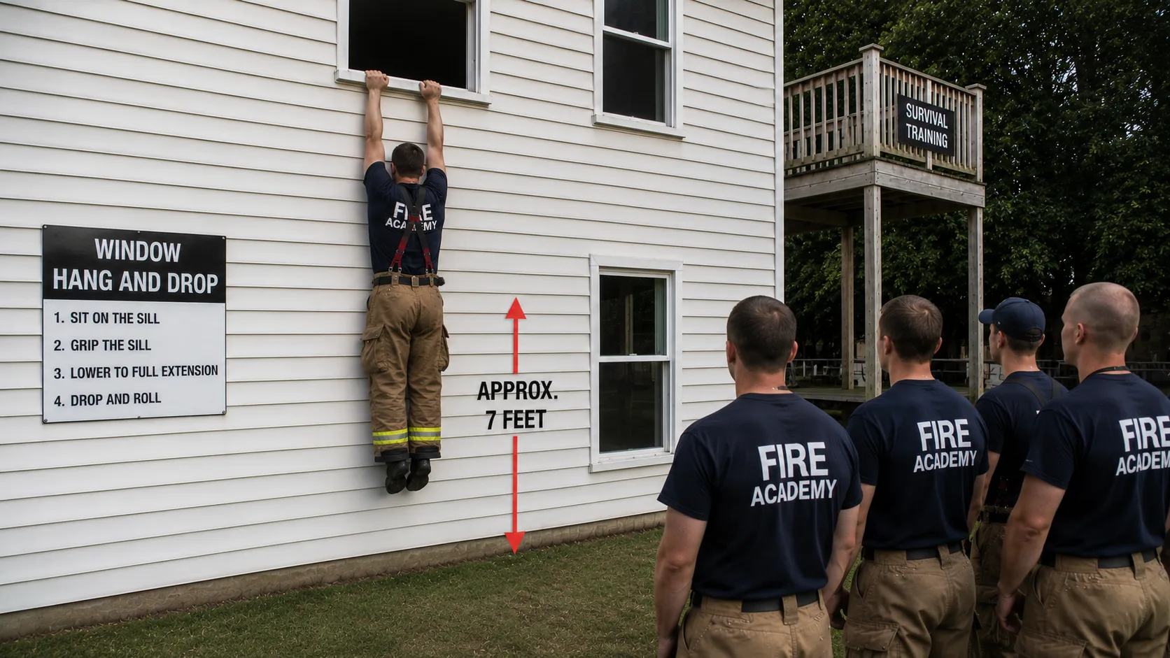 Diagram-style photorealistic illustration showing a person executing the hang-and-drop escape technique from a second-floor bedroom window &mdash; hands gripping the window sill from the outside, body fully extended below the window, feet pointed down toward the ground approximately 6 feet below &mdash; showing how this technique reduces effective fall height from 12-15 feet to 6-7 feet