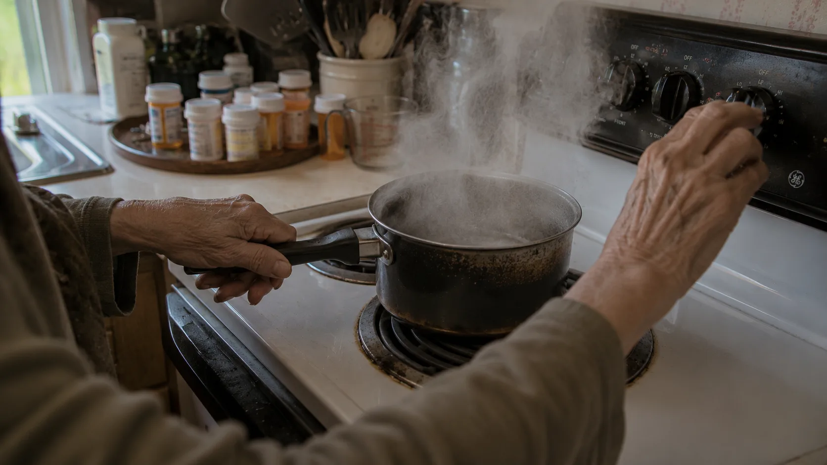 Elderly woman's hands on a kitchen stove with a pot showing early signs of overheating and steam, cluttered countertop with medication bottles visible &mdash; depicting the unattended cooking fire risk that is the leading cause of home fire injuries among older adults