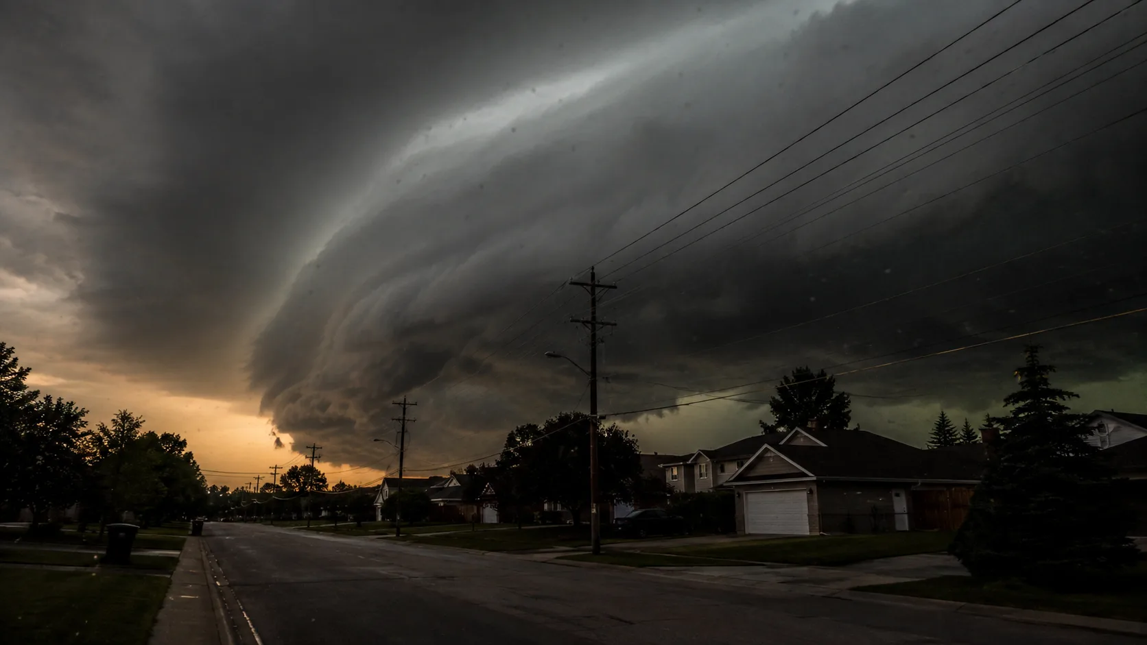Dark green-gray shelf cloud rolling in over a residential street with power lines, illustrating the visual cue of an approaching tornadic supercell