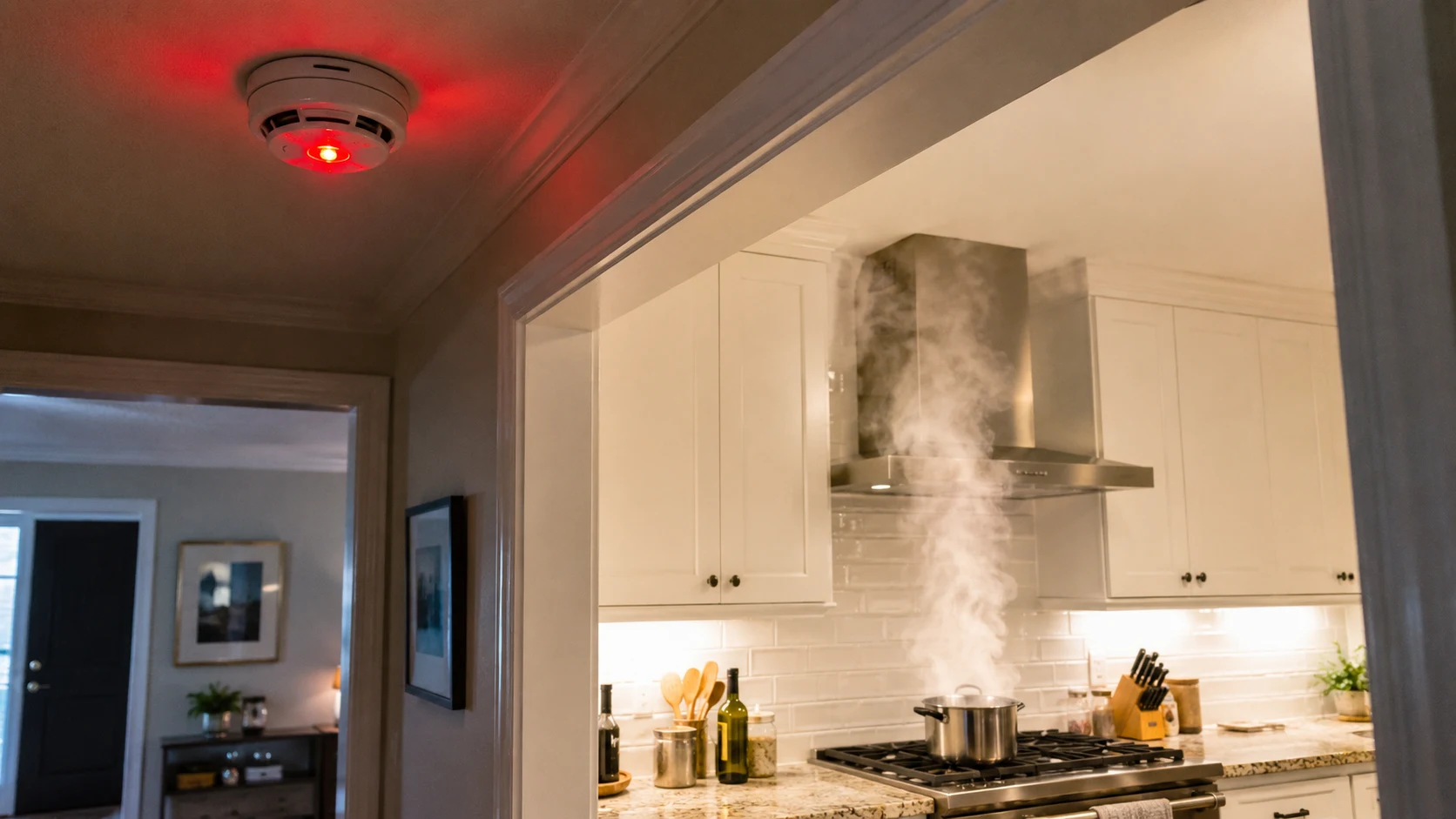 Smoke alarm on ceiling near kitchen doorway going off while cooking &mdash; showing correct placement away from stove to prevent false alarms from steam and cooking smoke