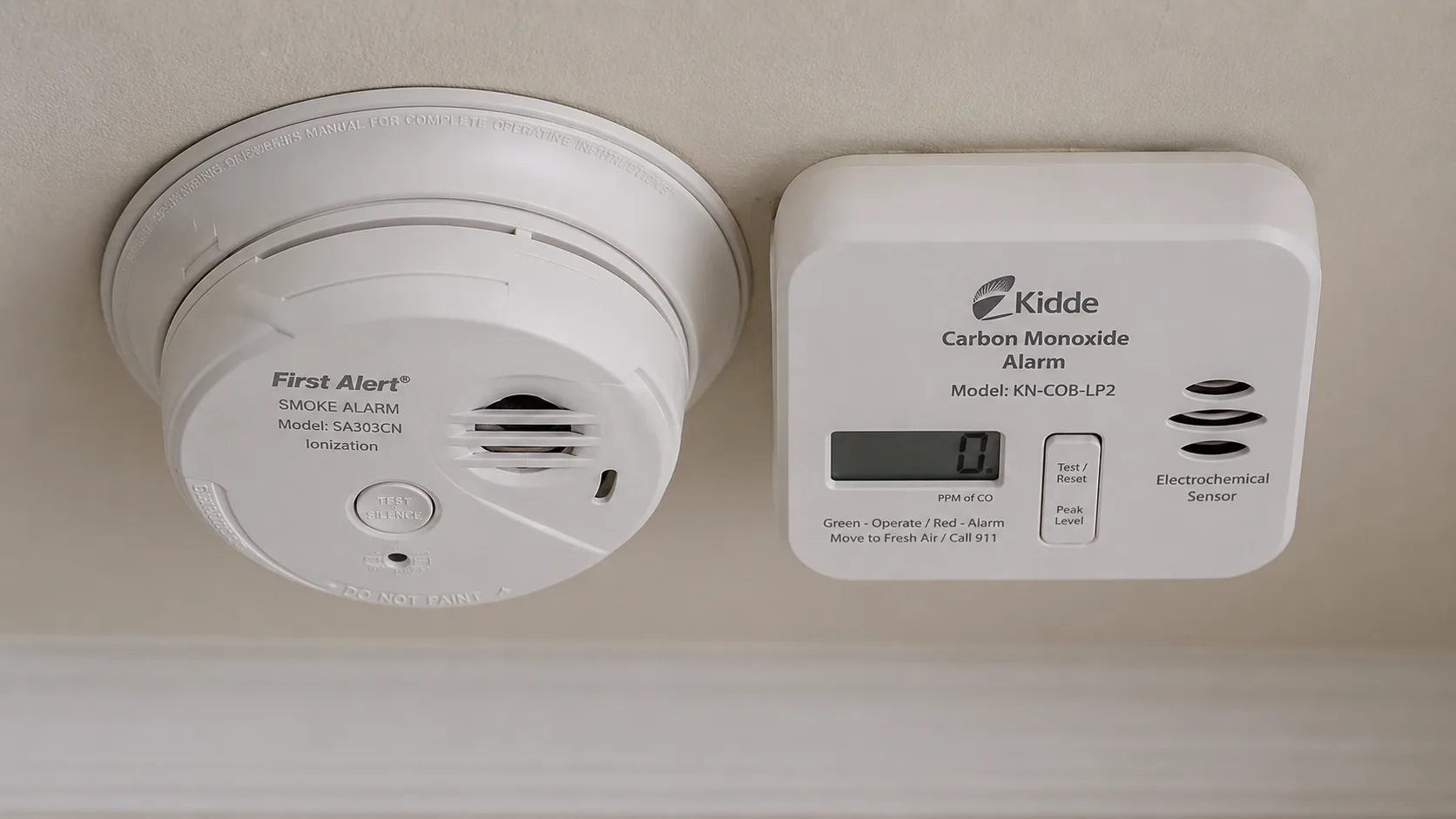 Two ceiling-mounted detectors side by side: a standard ionization smoke alarm on the left and a carbon monoxide detector on the right, with labels visible on each device &mdash; the CO detector showing an electrochemical sensor vent on the face &mdash; illustrating that these are completely different devices despite looking similar and being sold in the same store aisle