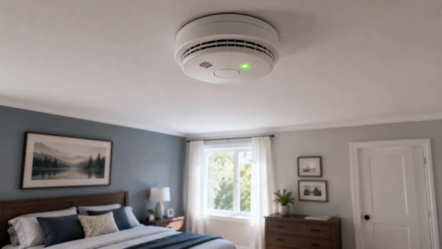 Working smoke alarm mounted on bedroom ceiling with green LED indicator light active &mdash; the most effective single home fire safety measure supported by fire death statistics