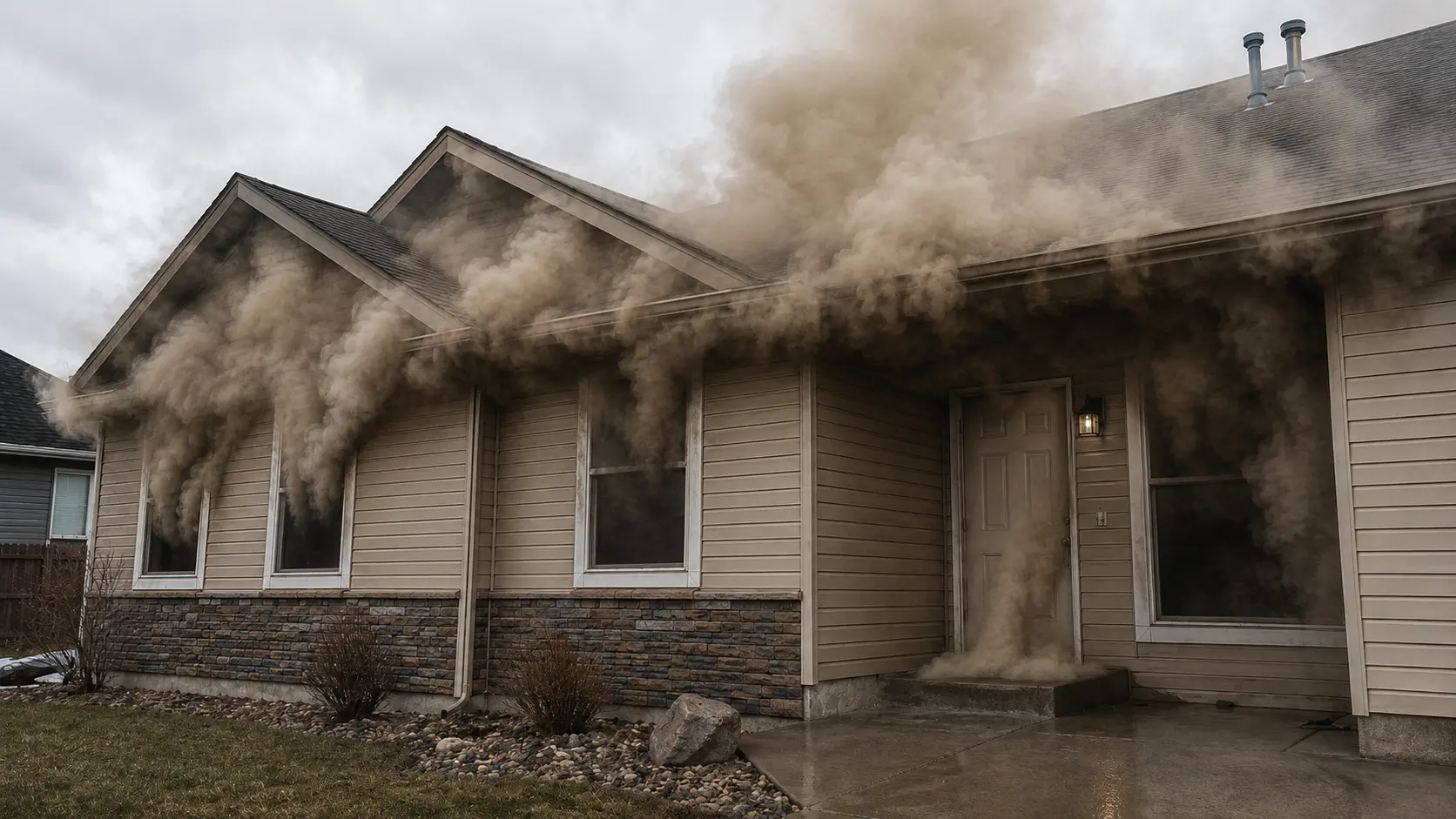 Photorealistic photo of the exterior of a residential house with visible smoke pushing from around window frames and under door gaps, no visible flame anywhere on the structure &mdash; showing the conditions for a potential smoke explosion where unburned combustible gases from a fire that may have self-extinguished have accumulated throughout the structure and are only awaiting an ignition source to detonate, the absence of flame with heavy smoke presence is the key visual indicator