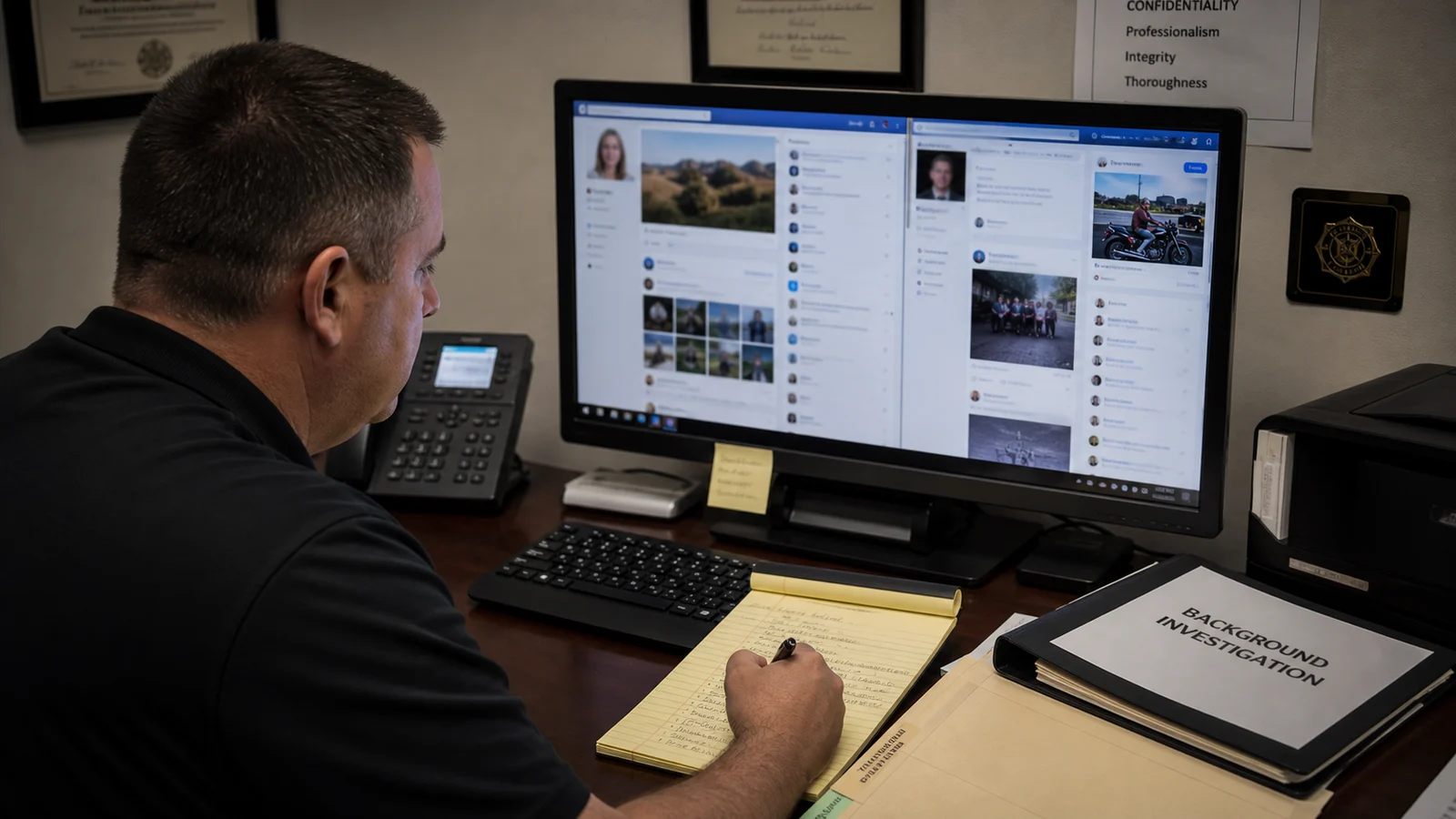 Photorealistic photo of a background investigator reviewing social media profiles on a computer monitor in an office setting &mdash; the screen shows multiple social media platform pages being analyzed, the investigator taking handwritten notes on a legal pad beside the keyboard, professional office environment with soft fluorescent lighting, realistic documentary photography style, focus on the investigator and screen