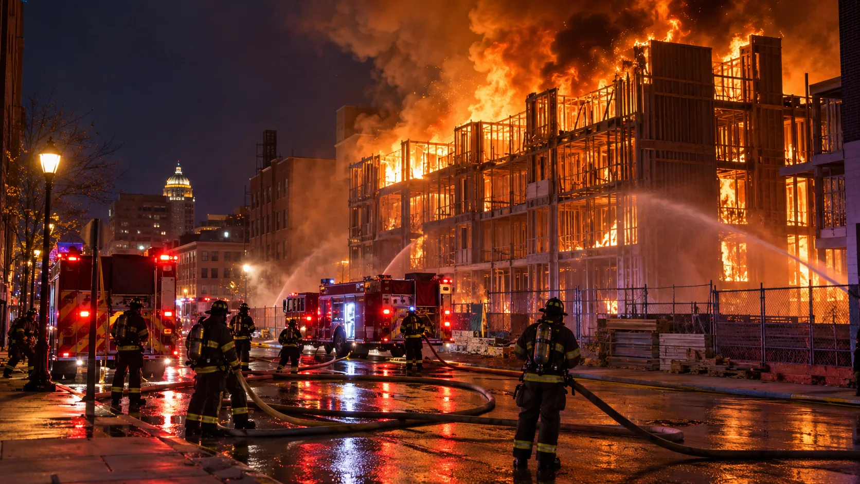 Firefighters battling a large construction site fire in downtown South Bend Indiana at night