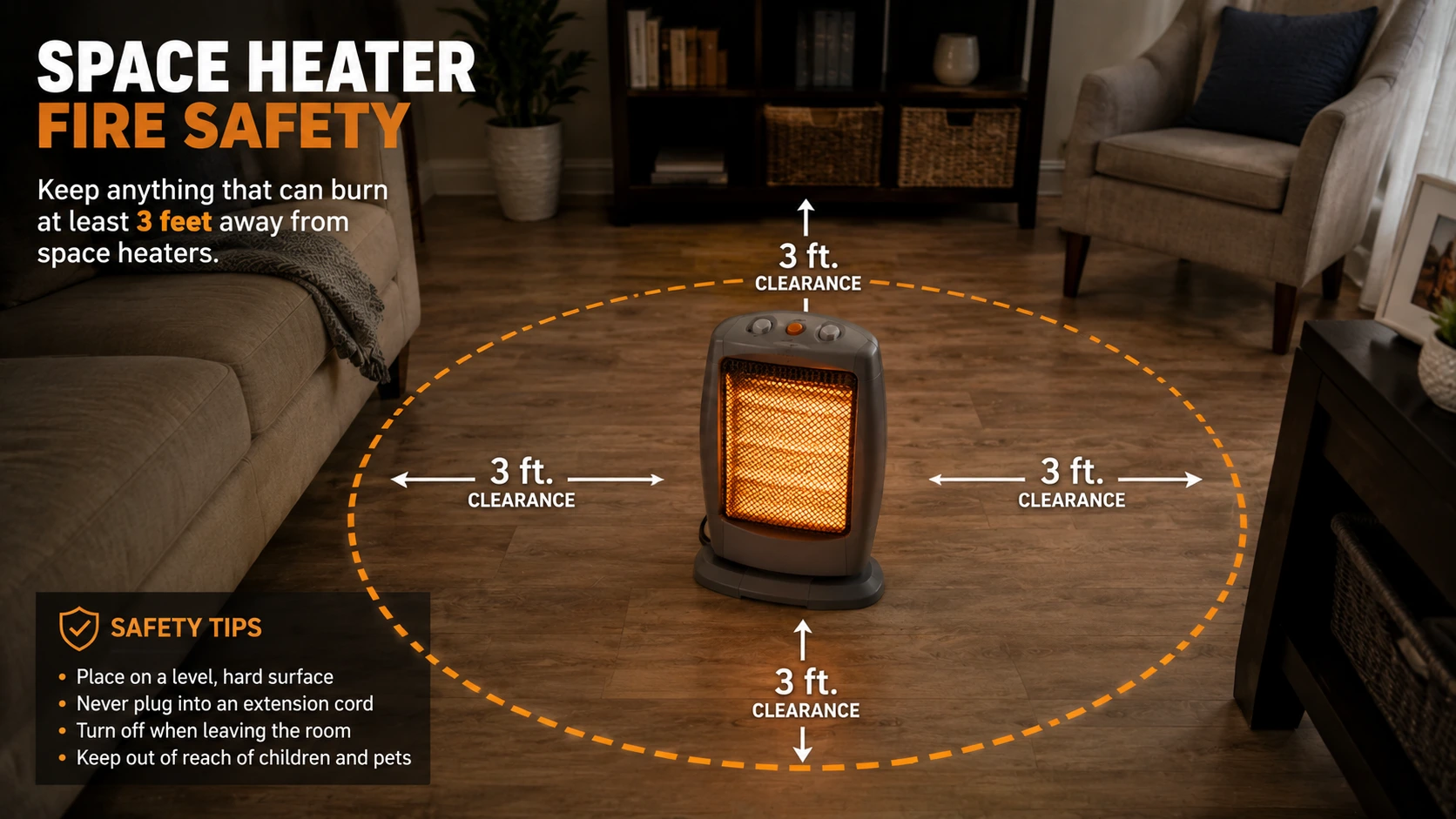 Space heater placed correctly on hard floor surface three feet from couch furniture and curtains in living room showing safe placement distance