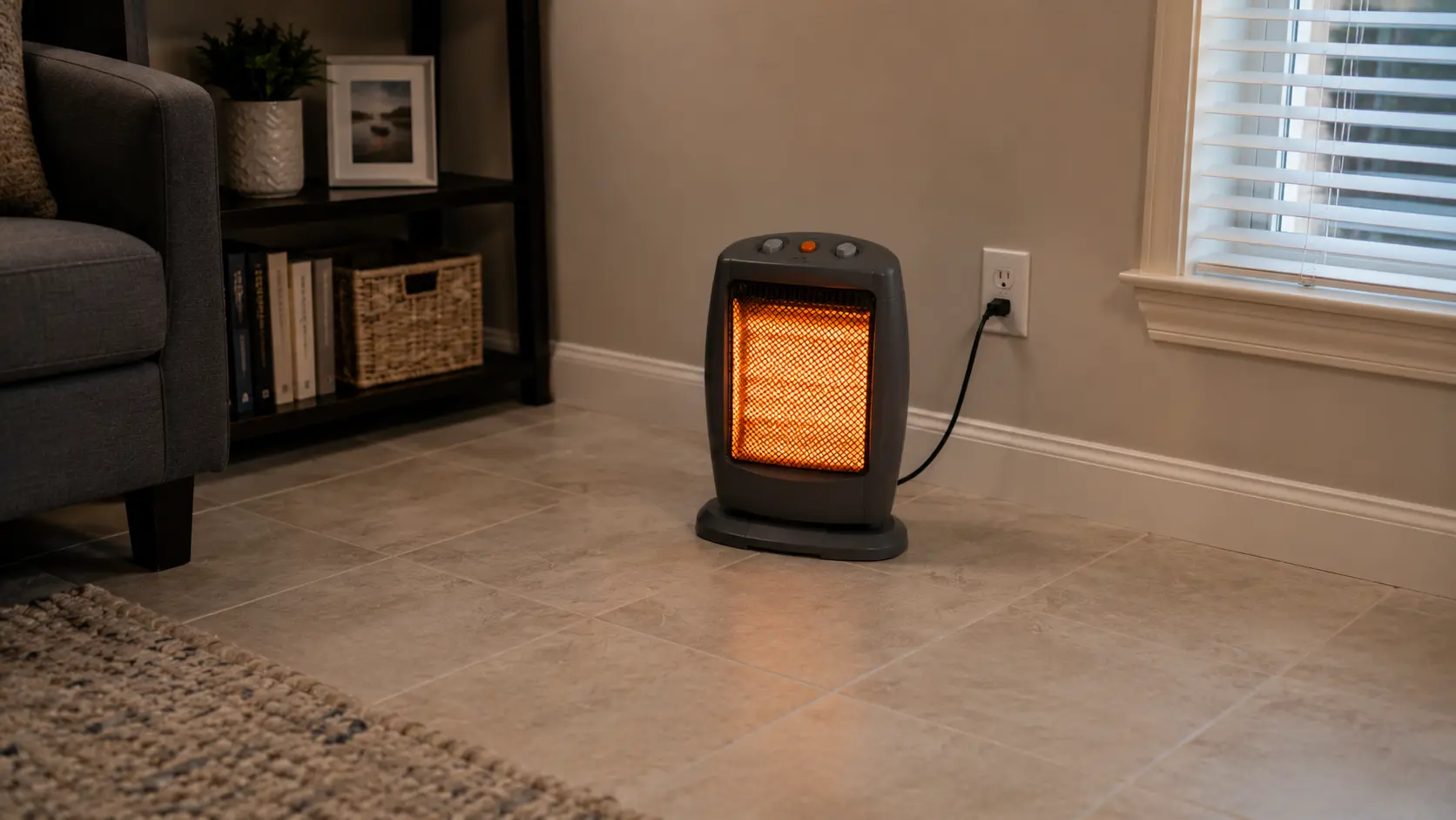 Space heater plugged directly into wall outlet with no extension cord, on hard tile floor with clear three-foot space around it, showing correct safe use