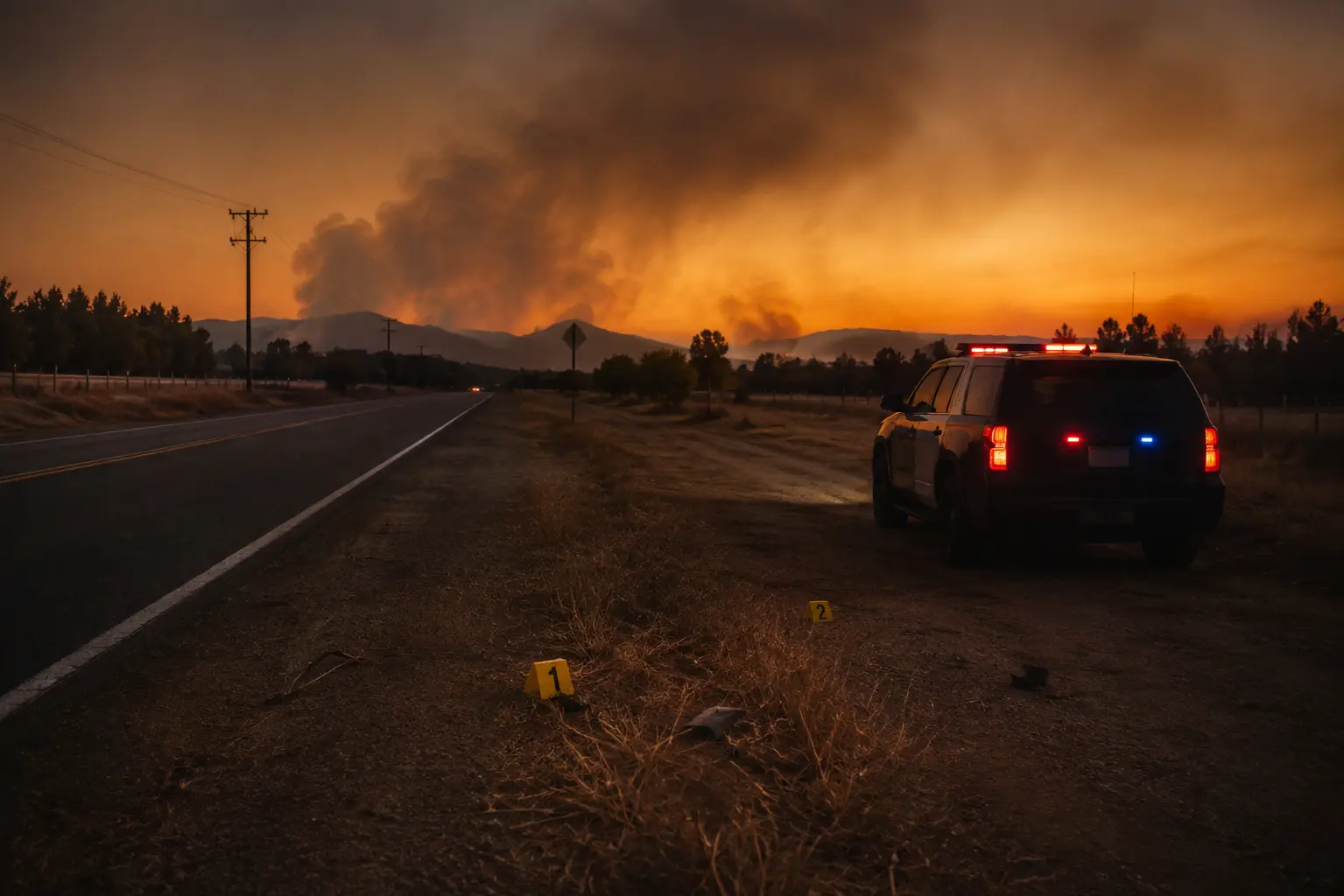 Rural roadside at dusk with smoke haze and a sheriff patrol vehicle near the fire's ignition point