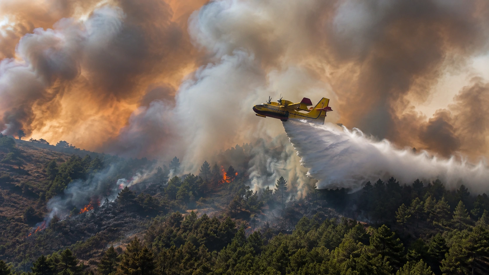 Firefighting aircraft dropping water over a smoke-filled forested hillside during an active wildfire response