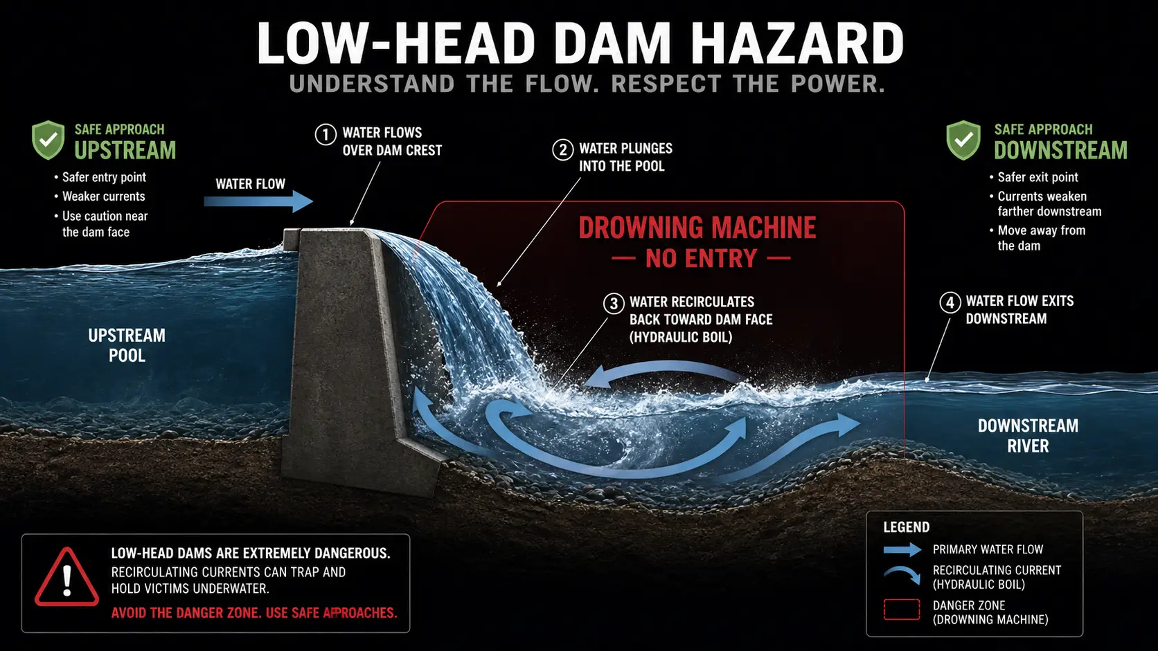 Low-head dam hydraulic recirculation diagram showing drowning machine current pattern and safe rescue approach positions