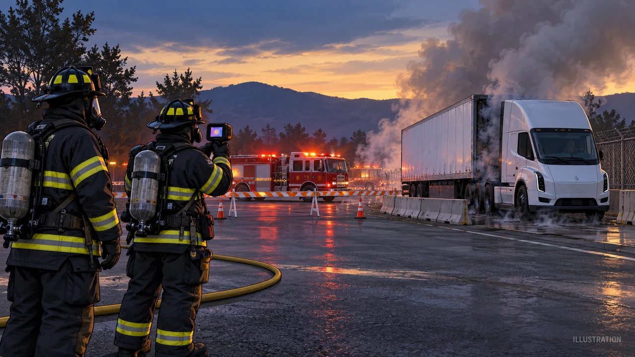 Editorial illustration of firefighters wearing turnout gear and SCBA monitoring an electric heavy truck from a protected area