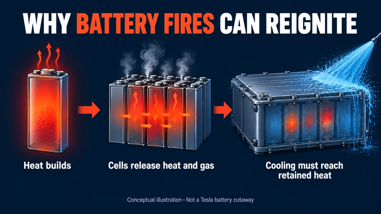 Conceptual illustration showing cell heating, heat and gas release, and retained heat inside a battery enclosure