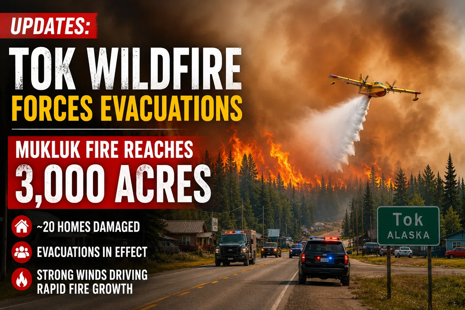 UPDATES: Tok, Alaska Wildfire Forces Evacuations as Mukluk Fire Grows to 3,000+ Acres, 20 Homes Damaged