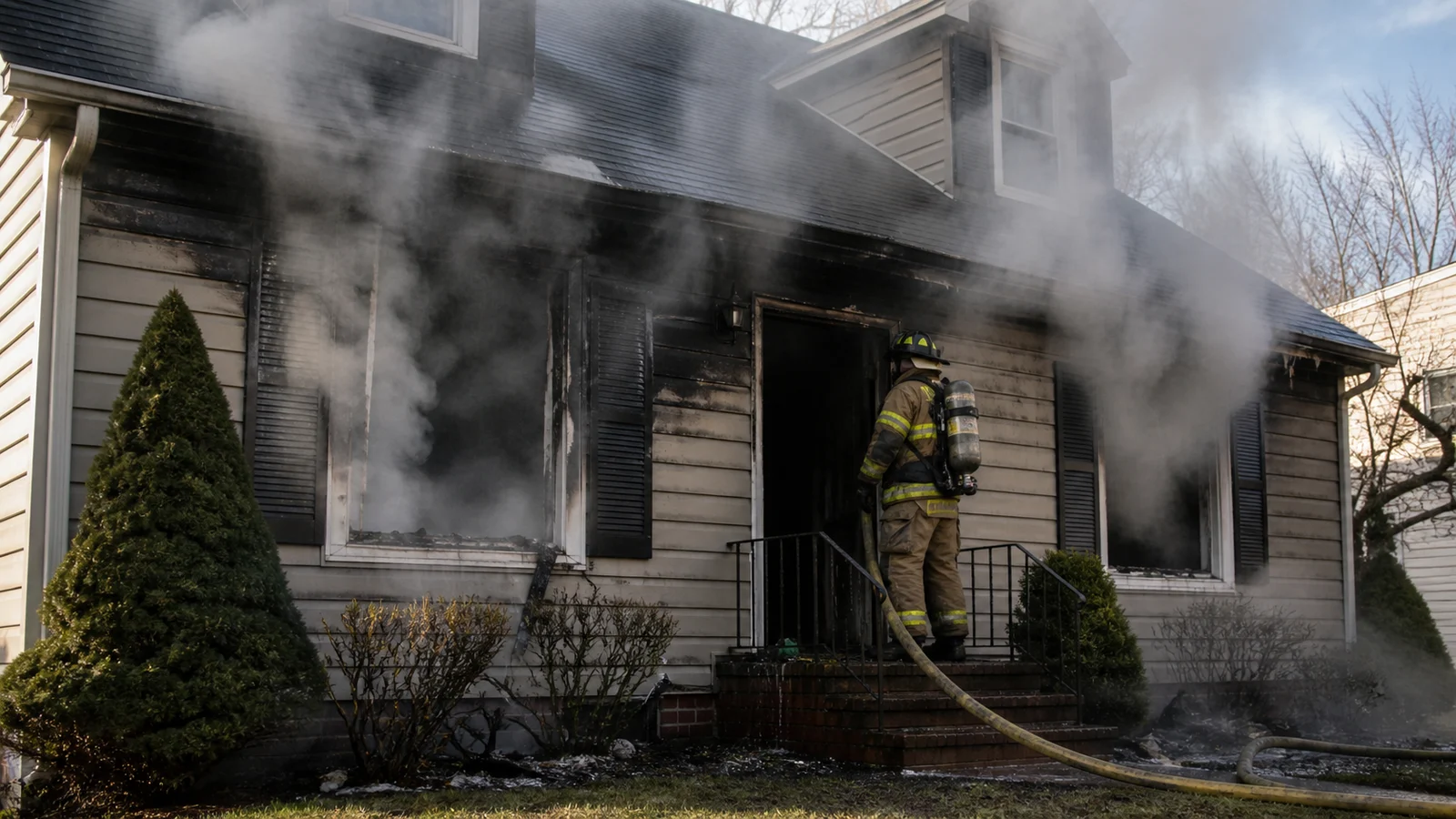 Photorealistic photo showing the exterior of a residential house fire immediately after transitional water application &mdash; the smoke exiting from windows changing from thick black to lighter gray with steam mixing in, indicating successful fire knockdown from exterior water application, a firefighter at the front door ready to advance interior, the dramatic visual change in smoke conditions communicating the effectiveness of the technique, realistic documentary fire service photography