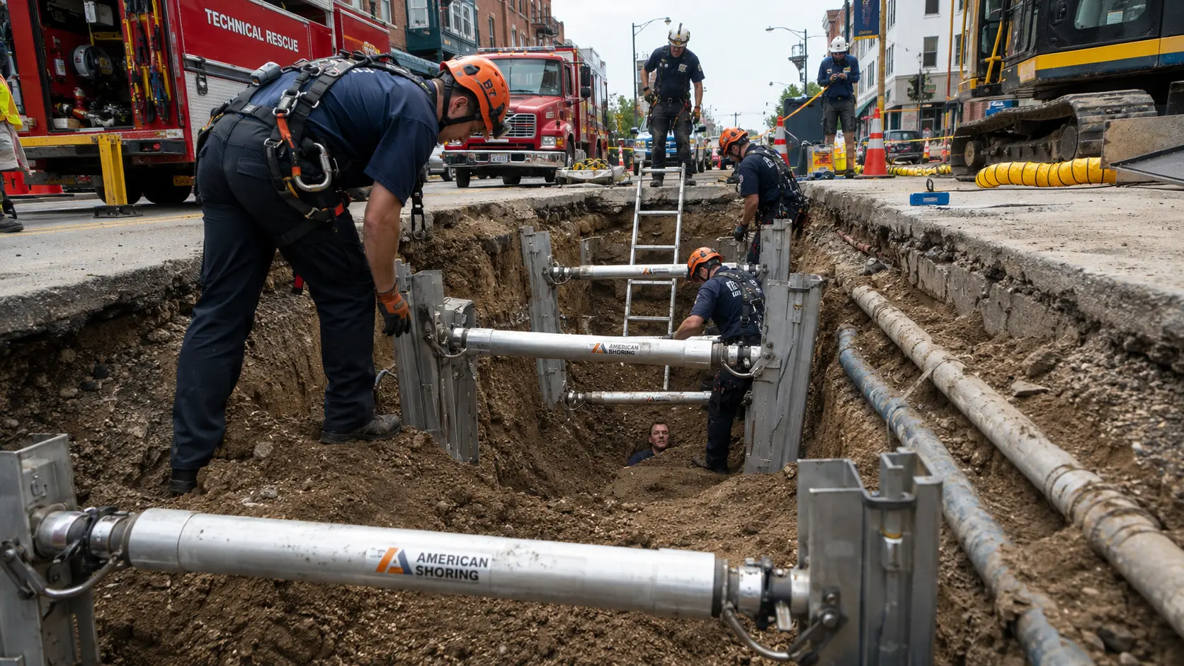 Photorealistic photo of a trench rescue operation in progress on a city street &mdash; rescue technicians in orange helmets installing aluminum hydraulic trench shores between the parallel walls of an open excavation, a victim visible from the shoulders up buried in soil in the trench, rescue personnel working carefully and methodically to shore the walls before digging can begin, excavation equipment visible at the surface, realistic construction site materials