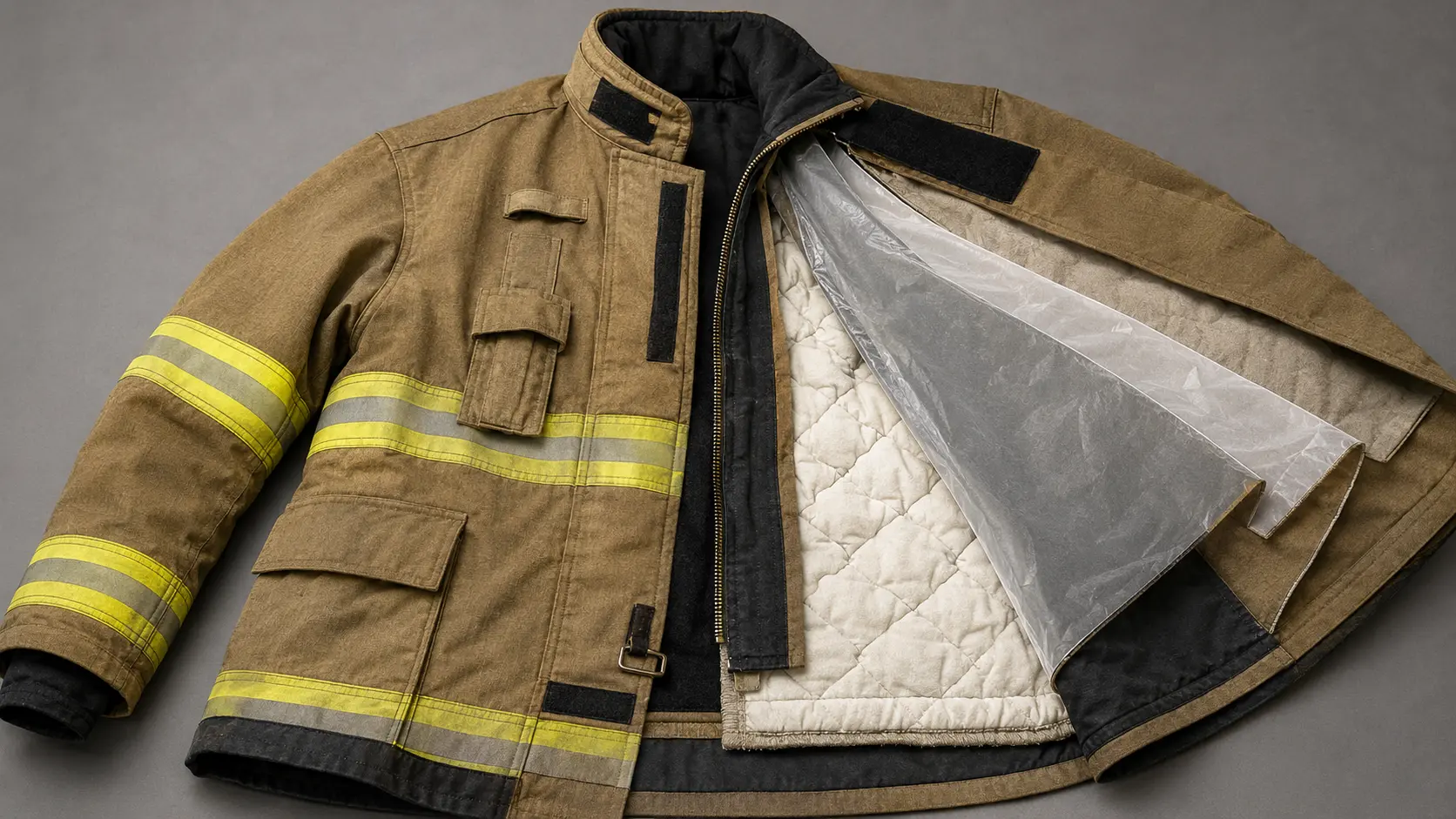 Photorealistic close-up macro photograph of the cut edge of a structural firefighting turnout coat showing the three distinct layers in cross-section &mdash; the outermost woven fabric outer shell in yellow-gold color, a thin semi-transparent membrane moisture barrier layer in the middle, and the quilted thermal liner inner layer in off-white &mdash; all three layers clearly differentiated in thickness and texture, held slightly apart to show the separation, natural studio lighting