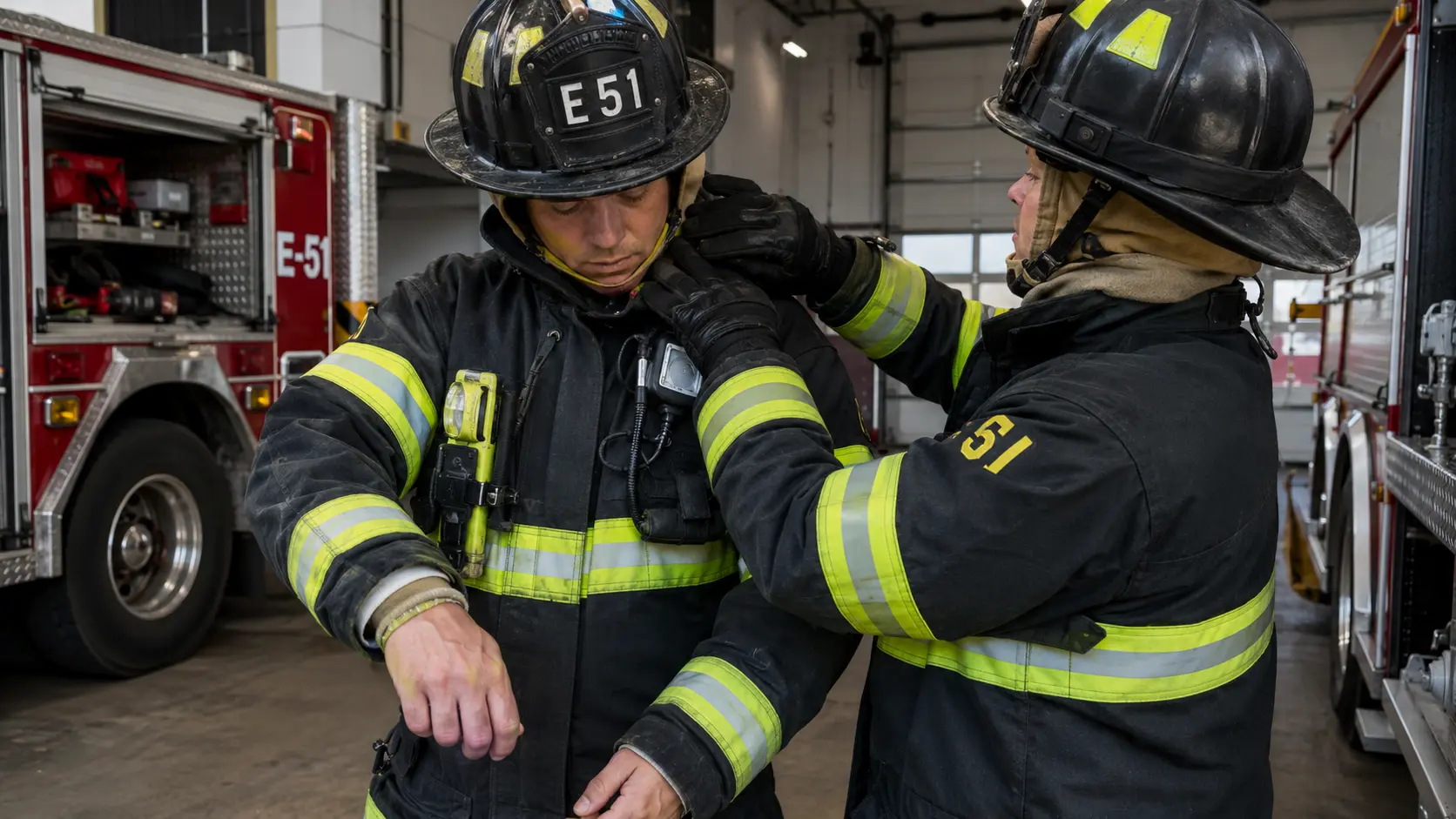Photorealistic close-up photo of a firefighter in full turnout gear checking the coverage at the wrist area &mdash; the coat sleeve extended and the knit wristlet visible where it meets the glove gauntlet, a second firefighter checking the gap area between the coat collar and the SCBA mask hood where the neck is potentially exposed, showing the specific coverage gap zones at wrist and neck that are the most common burn sites on firefighters