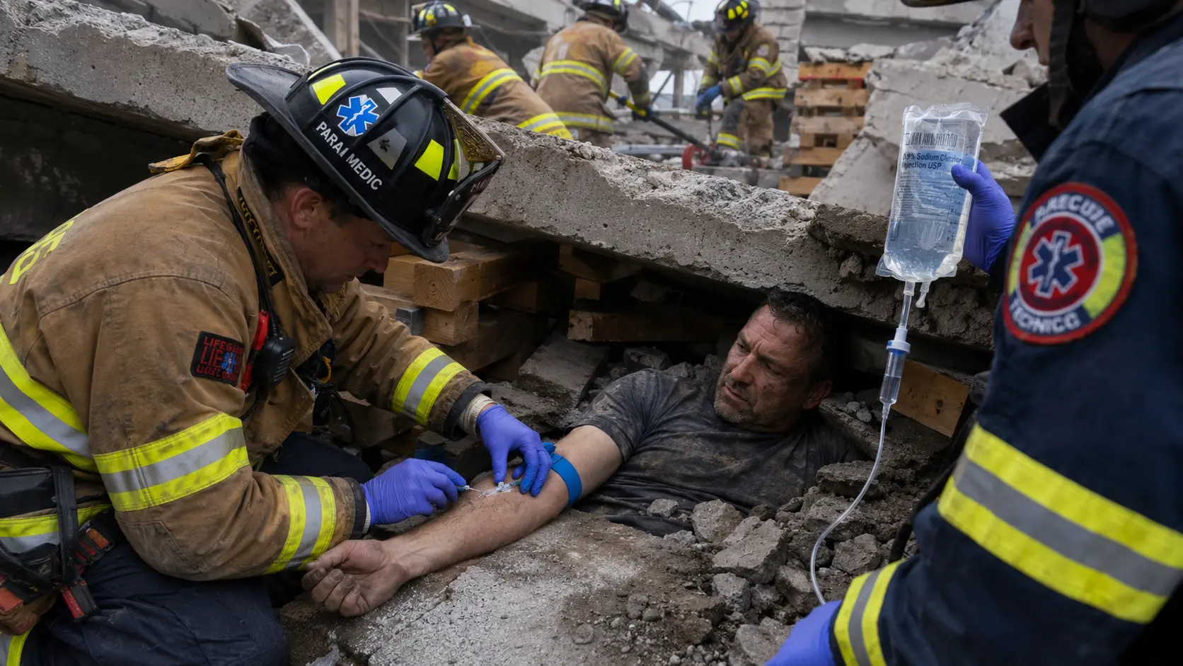 Photorealistic photo of USAR (urban search and rescue) team members in orange helmets and turnout gear working at a building collapse scene, carefully removing concrete rubble from around a conscious victim visible from the waist up in a void space beneath a fallen concrete floor slab, the victim alert and making eye contact with a rescuer, IV bag held by a paramedic in the background suggesting fluid treatment already underway, realistic rubble and structural debris environment