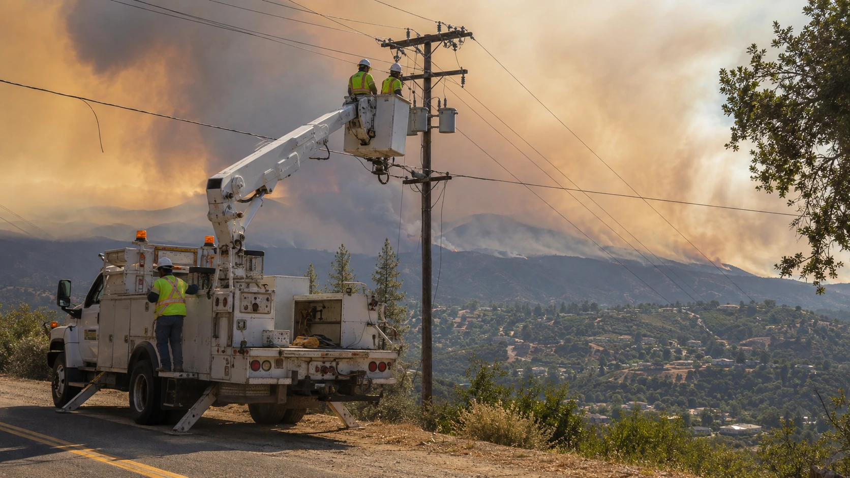 Utility line crew inspecting overhead power lines with wildfire smoke visible in the background, illustrating the kind of precautionary de-energization Rocky Mountain Power used near the Dugway Fire
