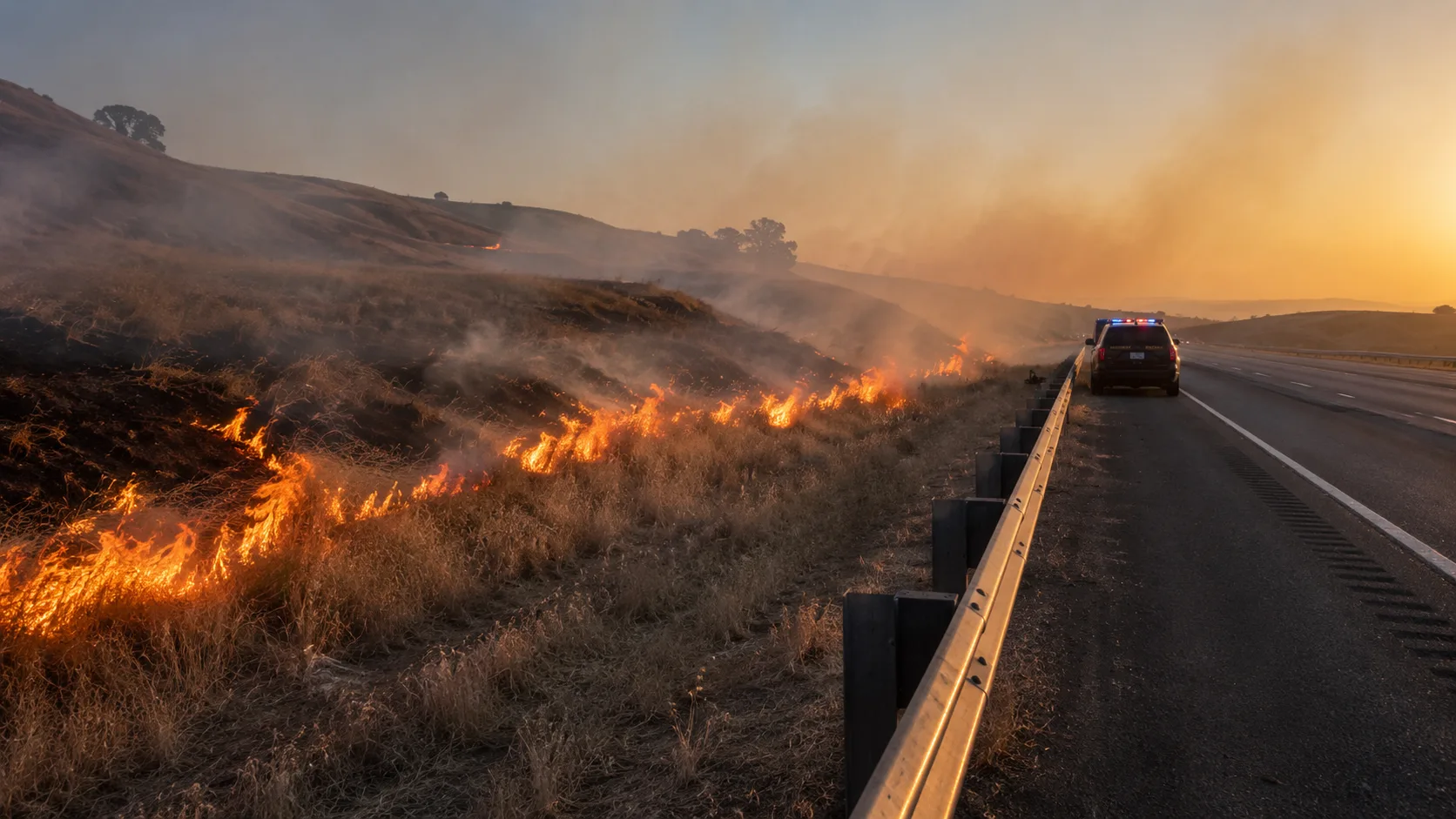 A pickup truck and trailer engulfed in flames on the shoulder of a highway, with dry roadside grass beginning to catch fire, illustrating how the Buzzard Fire ignited