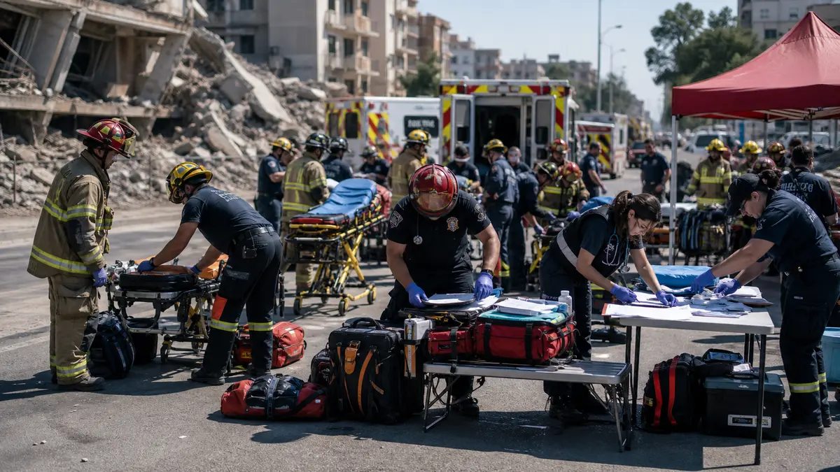 Firefighter paramedics operating a field treatment and triage area after a major earthquake.