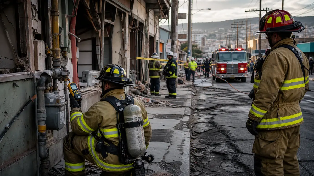 Firefighters checking gas and utility hazards with a multi gas meter after earthquake damage.